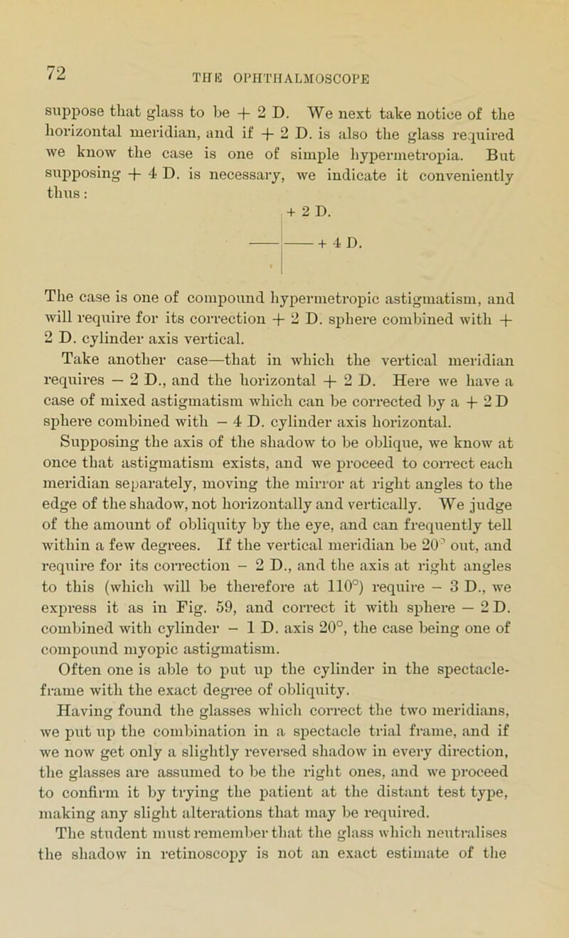 suppose that glass to be + 2 D. We next take notice of the horizontal meridian, and if + 2D. is also the glass required we know the case is one of simple hypermetropia. But supposing -f- 4 D. is necessary, we indicate it conveniently thus: + 2 D. . +4 D. The case is one of compound hypermetropic astigmatism, and will require for its correction + 2 D. sphere combined with + 2 D. cylinder axis vertical. Take another case—that in which the vertical meridian requires — 2 D., and the horizontal + 2 D. Here we have a case of mixed astigmatism which can he corrected by a -f 2 D sphere combined with — 4 D. cylinder axis horizontal. Supposing the axis of the shadow to be oblique, we know at once that astigmatism exists, and we proceed to correct each meridian separately, moving the mirror at right angles to the edge of the shadow, not horizontally and vertically. We judge of the amount of obliquity by the eye, and can frequently tell within a few degrees. If the vertical meridian be 20° out, and require for its correction - 2 D., and the axis at right angles to this (which will be therefore at 110°) require — 3 D., we express it as in Pig. 59, and correct it with sphere — 2D. combined with cylinder - ID. axis 20°, the case being one of compound myopic astigmatism. Often one is able to put up the cylinder in the spectacle- frame with the exact degree of obliquity. Having found the glasses which correct the two meridians, we put up the combination in a spectacle trial frame, and if we now get only a slightly reversed shadow in every direction, the glasses are assumed to be the right ones, and we proceed to confirm it by Hying the patient at the distant test type, making any slight alterations that may be required. The student must remember that the glass which neutralises the shadow in retinoscopy is not an exact estimate of the