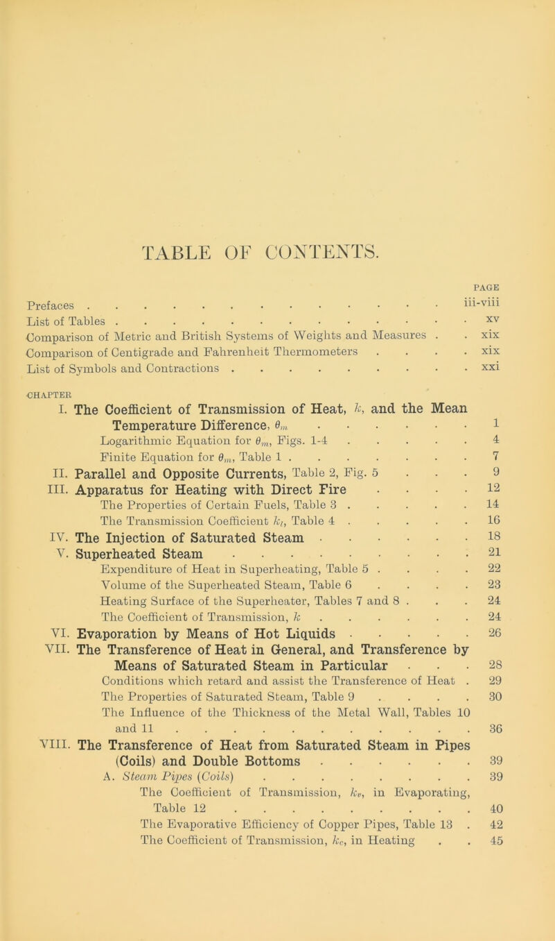 TABLE OF CONTENTS. PAGE Prefaces iii-viii List of Tables .....•••••••• xv Comparison of Metrie and British Systems of Weights and Measures . . xix Comparison of Centigrade and Fahrenheit Thermometers .... xix List of Symbols and Contractions ......... xxi •CHARTER I. The Coefficient of Transmission of Heat, k, and the Mean Temperature Difference, o,,,. 1 Logarithmic Equation for 6m, Figs. 1-4 ..... 4 Finite Equation for 0m, Table 1 ....... 7 II. Parallel and Opposite Currents, Table 2, Fig. 5 ... 9 III. Apparatus for Heating with Direct Fire .... 12 The Properties of Certain Fuels, Table 3 . . . . .14 The Transmission Coefficient kh Table 4 . . . . .16 IV. The Injection of Saturated Steam 18 V. Superheated Steam 21 Expenditure of Heat in Superheating, Table 5 . . . .22 Volume of the Superheated Steam, Table 6 .... 23 Heating Surface of the Superheater, Tables 7 and 8 . . .24 The Coefficient of Transmission, k ...... 24 VI. Evaporation by Means of Hot Liquids 26 VII. The Transference of Heat in General, and Transference by Means of Saturated Steam in Particular ... 28 Conditions which retard and assist the Transference of Heat . 29 The Properties of Saturated Steam, Table 9 . . .30 The Influence of the Thickness of the Metal Wall, Tables 10 and 11 ........... 36 VIII. The Transference of Heat from Saturated Steam in Pipes (Coils) and Double Bottoms 39 A. Steam Pipes (Coils) 39 The Coefficient of Transmission, kv, in Evaporating, Table 12 40 The Evaporative Efficiency of Copper Pipes, Table 13 . 42 The Coefficient of Transmission, kc, in Heating . . 45