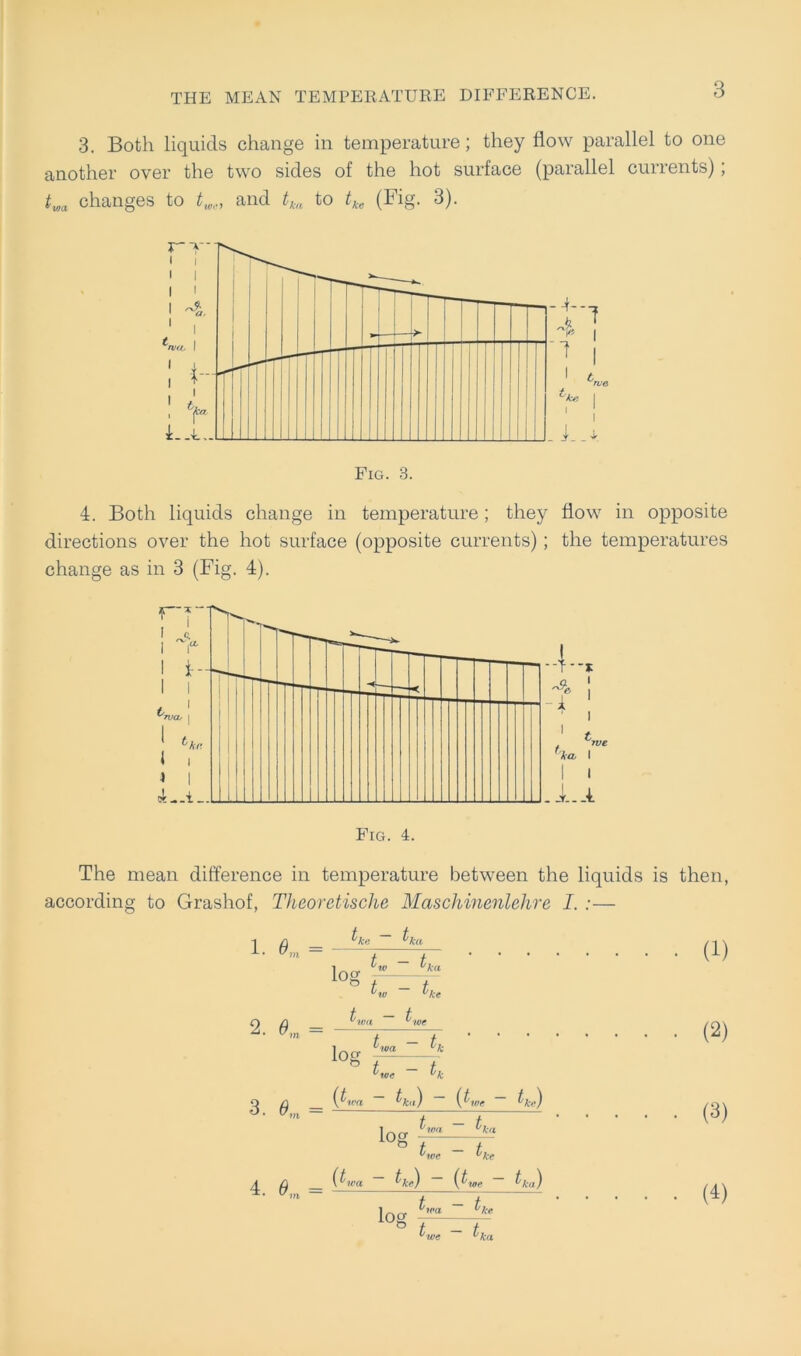 3. Both liquicls change in temperature; they flow parallel to one another over the two sides of the hot surface (parallel currents); twa changes to tw,„ and tka to tke (Fig. 3). -4... '1 i. 4. Both liquids change in temperature; they flow in opposite directions over the hot surface (opposite currents); the temperatures change as in 3 (Fig. 4). i i i ..4 The mean difference in temperature between the liquids is then, according to Grashof, Theoretische Maschinenlehre I. :— 1. 0M 2. em 3. 0m the ~ h, ka IqCT ^  tka ° / - t °w bke ^wa ^ ive log t~^fk \twa ~ lk<i) (l/oe he) log we ke (hva ~ l/ce) (pwe ~ tka) log t,ra tk, tu,* tu, /ce ka (1) (2) (3) (4)