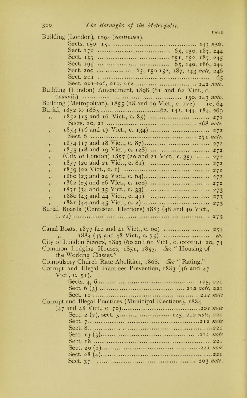 PAGE Building (London), 1894 (continued). Sects. 150, 151 243 7iote. Sect. 170 65, 150, 187, 244 Sect. 197 151, 152, 187, 245 Sect. 199 65, 149, 186, 244 Sect. 200 — 65, 150-152, 187, 243 note, 246 Sect. 201 65 Sect. 201-206, 210, 212 242 note. Building (London) Amendment, 1898 (61 and 62 Viet., c. cxxxvii.) 150, 243 note. Building (Metropolitan), 1855 (18 and 19 Viet, c. 122) 10, 64 Burial, 1852 to 1885 62, 142, 144, 184, 269 ,, 1852 (15 and 16 Viet., c. 85) 271 Sects. 20, 21 268 note. ,, 1853 (16 and 17 Viet., c. 134) 272 Sect. 6 271 7iote. ,, 1854 (17 and 18 Viet., c. 87) 272 ,, 1855 (18 and 19 Viet., c. 128) 272 ,, (City of London) 1857 (20 and 21 Viet., c. 35) 272 ,, 1857 (20 and 21 Viet., c. 81) 272 ,, 1859 (22 Viet., c. i) 272 ,, i860 (23 and 24 Viet., c. 64) 272 ,, 1862 (25 and 26 Viet., c. 100) 272 „ 1871 (34 and 35 Viet, c. 33) 273 ,, 1880 (43 and 44 Viet., c. 41) 273 ,, 1881 (44 and 45 Viet., c. 2) 273 Burial Boards (Contested Elections) 1885 (48 and 49 Viet., c. 21) 273 Canal Boats, 1877 (40 and 41 Viet., c. 60) 251 ,, 1884 (47 and 48 Viet., c. 75) tb. City of London Sewers, 1897 (60 and 61 Viet, c. cxxxiii.) 20, 74 Common Lodging Houses, 1851, 1853. See “ Housing of the Working Classes.” Compulsory Church Rate Abolition, 1868. See “ Rating.” Corrupt and Illegal Practices Prevention, 1883 (46 and 47 Viet., c. 51). Sects. 4, 6 125, 221 Sect. 6 (3) 212 7iote, 221 Sect. 10 212 7wte Corrupt and Illegal Practices (Municipal Elections), 1884 (47 and 48 Viet., c. 70) 202 7iote Sect. 2 (2), sect. 3 125, 212 7iote, 221 Sect. 7 212 7wte Sect. 8 221 Sect. 13 (5) 212 note Sect. 18 221 Sect. 20 (2) 221 7wte Sect. 28 (4) 221 Sect. 37 203 7iote.