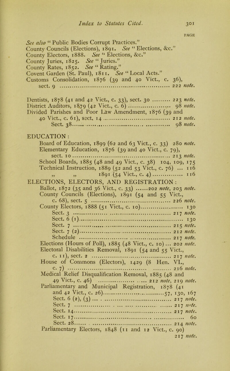 PAGE See also “ Public Bodies Corrupt Practices.” County Councils (Elections), 1891. See “Elections, &c.” County Electors, 1888. See “ Elections, &c.” County Juries, 1825. See “ Juries.” County Rates, 1852. See “Rating.” Covent Garden (St. Paul), 1811. See “Local Acts.” Customs Consolidation, 1876 (39 and 40 Viet., c. 36), sect. 9 222 note. Dentists, 1878 (41 and 42 Viet., c. 33), sect. 30 223 note. District Auditors, 1879 (42 Viet., c. 6) 98 note. Divided Parishes and Poor Law Amendment, 1876 (39 and 40 Viet., c. 61), sect. 14 212 note. Sect. 38....... 98 note. EDUCATION : Board of Education, 1899 (62 and 63 Viet., c. 33) 280 note. Elementary Education, 1876 (39 and 40 Viet., c. 79), sect. 10 213 7iote. School Boards, 1885 (48 and 49 Viet., c. 38) 104, 109, 175 Technical Instruction, 1889 (52 and 53 Viet., c. 76) ... 116 „ „ 1891 (54 Viet., c. 4) 116 ELECTIONS, ELECTORS, AND REGISTRATION : Ballot, 1872 (35 and 36 Viet., c. 33) 202 note., 203 ?iote. County Councils (Elections), 1891 (54 and 55 Viet., c. 68), sect. 5 226 note. County Electors, 1888 (51 Viet., c. 10) 130 Sect. 3 217 7iote. Sect. 6 (i) 130 Sect. 7 215 note. Sect. 7 (2) 212 note. Schedule 217 note. Elections (Hours of Poll), 1885 (48 Viet., c. 10)... 202 note. Electoral Disabilities Removal, 1891 (54 and 55 Viet., c. ii), sect. 2 217 note. House of Commons (Electors), 1429 (8 Hen. VI., c. 7) 216 note. Medical Relief Disqualification Removal, 1885 (48 and 49 Viet., c. 46) 212 note. 219 note. Parliamentary and Municipal Registration, 1878 (41 and 42 Viet., c. 26) 57, 130, 167 Sect. 6 (2), (3) 217 note. Sect. 7 217 iwte. Sect. 14 217 note. Sect. 17 60 Sect. 28 214 note. Parliamentary Electors, 1848 (ii and 12 Viet., c. 90) 217 note.