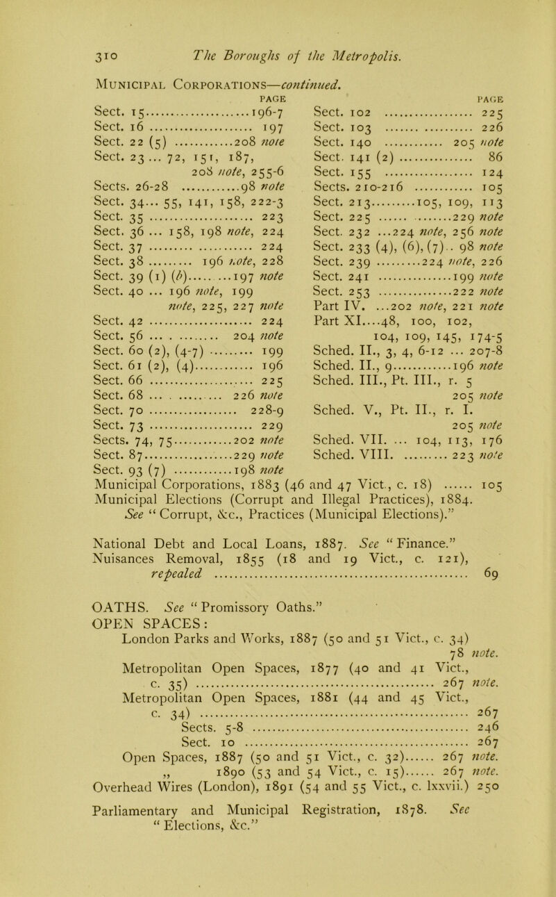 Municipal Corporations—cojitinued. PAGE PA(}E Sect. 15 196-7 Sect. 102 225 Sect. 16 197 Sect. 103 226 Sect. 22 (5) 208 note Sect. 140 205 tioie Sect. 23... 72, 151, 187, Sect. 141 (2) 86 208 //<?/(?, 255-6 Sect. 155 124 Sects. 26-28 98 note Sects. 210-216 105 Sect. 34... 55, 141, 158, 222-3 Sect. 213 105, 109, 113 Sect. 35 223 Sect. 225 229 note Sect. 36 ... 158, 198 note., 224 Sect. 232 ...224 note, 256 ?iote Sect. 37 224 Sect. 233 (4), (6), (7).. 98 note Sect. 38 196 note, 228 Sect. 239 224 note, 226 Sect. 39 (i) {h) 197 7iote Sect. 241 199 ?wte Sect. 40 ... 196 note, 199 Sect. 253 222 7iote note, 225, 227 7iote Part IV. ...202 7iote, 221 7iote Sect. 42 224 Part XI 48, 100, 102, Sect. 56 204 7iote 104, 109, 145, 174-5 Sect. 60 (2), (4-7) 199 Sched. II., 3, 4, 6-12 ... 207-8 Sect. 61 (2), (4) 196 Sched. II., 9 196 note Sect. 66 — 225 Sched, III., Pt. III., r. 5 Sect. 68 — 226 note 205 7iote Sect. 70 228-9 Sched, V., Pt. II., r. I. Sect. 73 229 205 7iote Sects. 74, 75 202 7iote Sched. VII, ... 104, 113, 176 Sect. 87 — 229 7iote Sched. VIII 223 7iote Sect. 93 (7) 198 7iote Municipal Corporations, 1883 (46 and 47 Viet., c. 18) 105 Municipal Elections (Corrupt and Illegal Practices), 1884. See “ Corrupt, &c.. Practices (Municipal Elections).” National Debt and Local Loans, 1887. See “Finance.” Nuisances Removal, 1855 (18 and 19 Viet., c. 121), repealed 69 OATHS. See “ Promissory Oaths.” OPEN SPACES : London Parks and \Vorks, 1887 (50 and 51 Viet., c. 34) 78 7iote. Metropolitan Open Spaces, 1877 (40 and 41 Viet., c. 35) 267 7iote. Metropolitan Open Spaces, 1881 (44 and 45 Viet., c. 34) 267 Sects. 5-8 246 Sect. 10 267 Open Spaces, 1887 (50 and 51 Viet., c. 32) 267 note. „ 1890 (53 and 54 Viet., c. 15) 267 note. Overhead Wires (London), 1891 (54 and 55 Viet., c. Ixxvii.) 250 Parliamentary and Municipal Registration, 1878. See “ Elections, &c.”