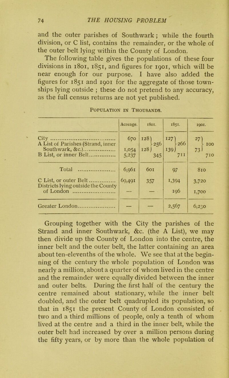 and the outer parishes of Southwark ; while the fourth division, or C list, contains the remainder, or the whole of the outer belt lying within the County of London. The following table gives the populations of these four divisions in 1801, 1851, and figures for 1901, which will be near enough for our purpose. I have also added the figures for 1851 and 1901 for the aggregate of those town- ships lying outside ; these do not pretend to any accuracy, as the full census returns are not yet published. Population in Thousands. Acreage. 1801. 1851. 1901. City 670 128) 127) 27) A List of Parishes (Strand, inner 1-256 I266 [■ 100 Southwark, &c.) 1,054 128 j 139) 73 1 B List, or inner Belt 5,237 345 711 710 Total 6,961 601 97 810 C List, or outer Belt 69,491 357 L394 3,720 Districts lying outside the County of London — 196 1,700 Greater London — — 2,567 6,230 Grouping together with the City the parishes of the Strand and inner Southwark, &c. (the A List), we may then divide up the County of London into the centre, the inner belt and the outer belt, the latter containing an area about ten-elevenths of the whole. We see that at the begin- ning of the century the whole population of London was nearly a million, about a quarter of whom lived in the centre and the remainder were equally divided between the inner and outer belts. During the first half of the century the centre remained about stationary, while the inner belt doubled, and the outer belt quadrupled its population, so that in 1851 the present County of London consisted of two and a third millions of people, only a tenth of whom lived at the centre and a third in the inner belt, while the outer belt had increased by over a million persons during the fifty years, or by more than the whole population of