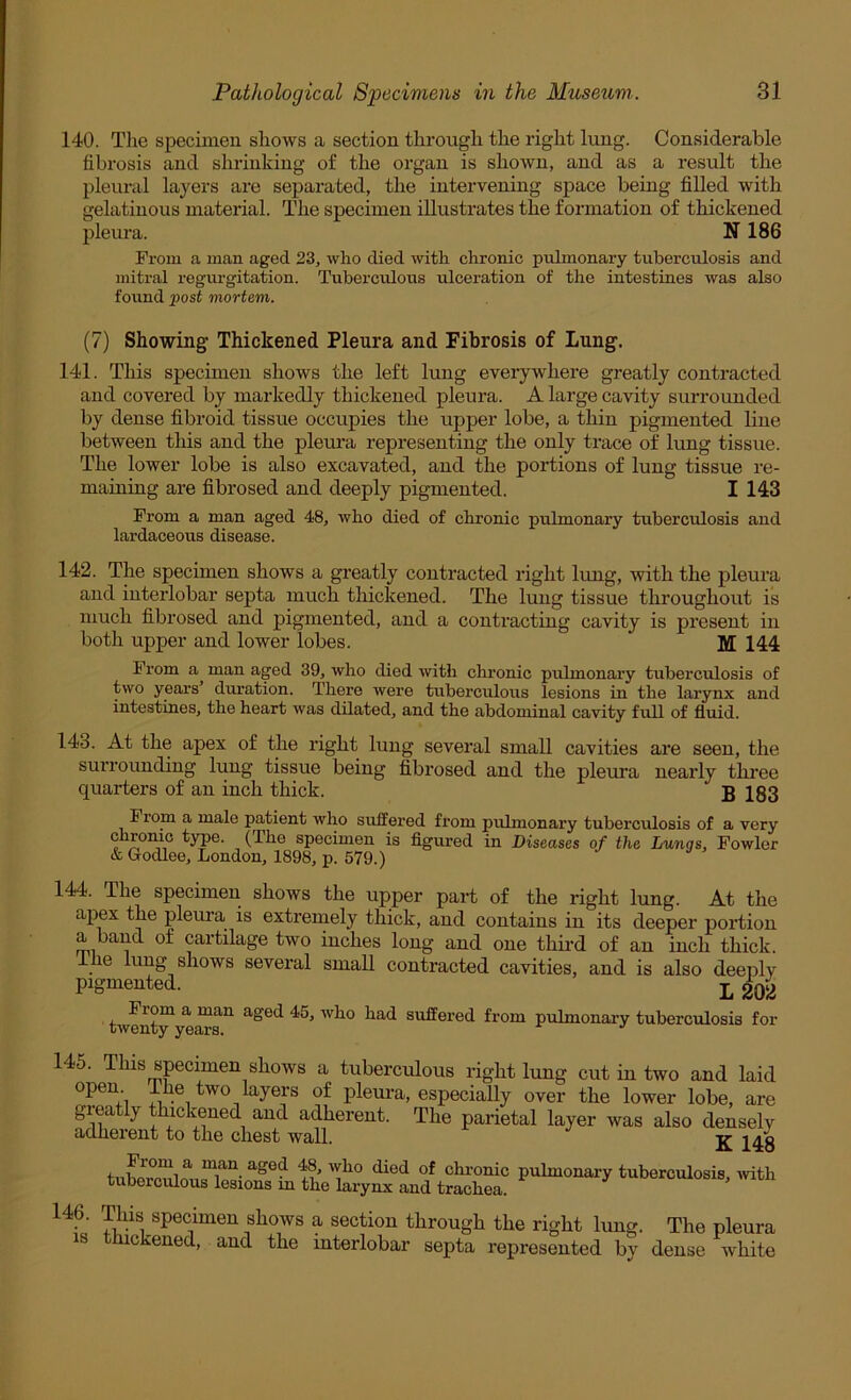 140. The specimen shows a section through the right lung. Considerable fibrosis and shrinking of the organ is shown, and as a result the pleural layers are separated, the intervening space being filled with gelatinous material. The specimen illustrates the formation of thickened pleura. N186 From a man aged 23, who died with chronic pulmonary tuberculosis and mitral regurgitation. Tuberculous ulceration of the intestines was also found post mortem. (7) Showing Thickened Pleura and Fibrosis of Lung. 141. This specimen shows the left lung everywhere greatly contracted and covered by markedly thickened pleura. A large cavity surrounded by dense fibroid tissue occupies the upper lobe, a thin pigmented line between this and the pleui'a representing the only trace of lung tissue. The lower lobe is also excavated, and the portions of lung tissue re- maining are fibrosed and deeply pigmented. I 143 From a man aged 48, who died of chronic pulmonary tuberculosis and lardaceous disease. 142. The specimen shows a greatly contracted right lung, with the pleura and interlobar septa much thickened. The lung tissue throughout is much fibrosed and pigmented, and a contracting cavity is present in both upper and lower lobes. M 144 From a man aged 39, who died with chronic pulmonary tuberculosis of two years duration. There were tuberculous lesions in the larynx and intestines, the heart was dilated, and the abdominal cavity full of fluid. 143. At the apex of the right lung several small cavities are seen, the surrounding lung tissue being fibrosed and the pleura nearly three quarters of an inch thick. B 1S3 From a male patient who suffered from pulmonary tuberculosis of a very chrome type. (The specimen is figured in Diseases of the Lungs, Fowler & Godlee, London, 1898, p. 579.) 144. The specimen shows the upper part of the right lung. At the apex the pleura is extremely thick, and contains in its deeper portion a band of cartilage two inches long and one third of an inch thick. le lung shows several small contracted cavities, and is also deeply pigmented. t doo From a man aged 45, who had suffered from twenty years. pulmonary tuberculosis for 145. This specimen shows a tuberculous right lung cut in two and laid of pleura, especially over the lower lobe, are greatly thickened and adherent. The parietal layer was also densely adherent to the chest wall. K 148 chronic pulmonary tuberculosis, -vvith tuberculous lesions in the larynx and trachea. 146. This^ specimen shows a section through the right lung. The pleura IS thickened, and the interlobar septa represented by dense white