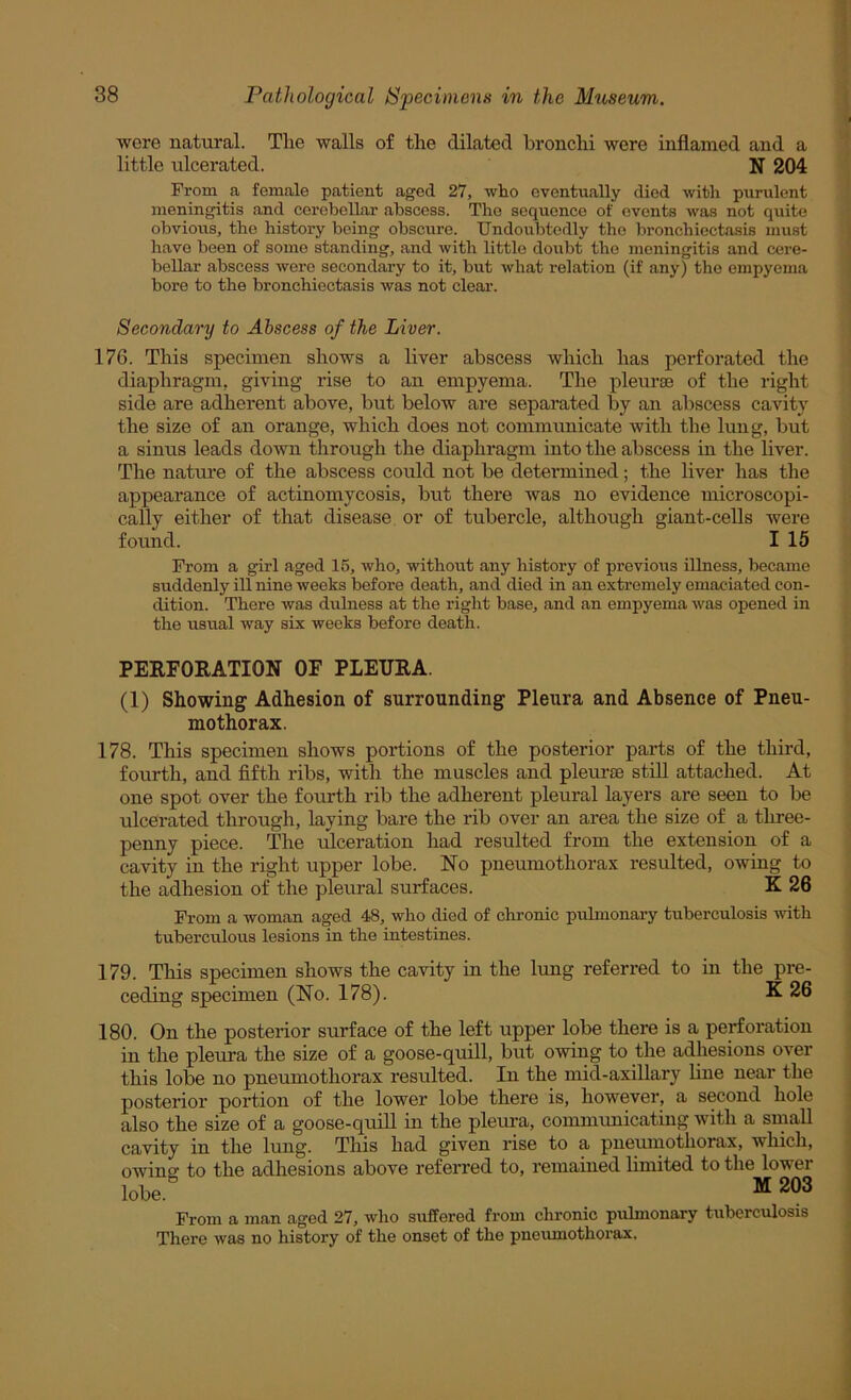 were natural. The walls of the dilated bronchi were inflamed and a little ulcerated. N 204 From a female patient aged 27, who eventually died with purulent meningitis and cerebellar abscess. The sequence of events was not quite obvious, the history being obscure. Undoubtedly the bronchiectasis must have been of some standing, and with little doubt the meningitis and cere- bellar abscess were secondary to it, but what relation (if any) the empyema bore to the bronchiectasis was not clear. Secondary to Abscess of the Liver. 176. This specimen shows a liver abscess which has perforated the diaphragm, giving rise to an empyema. The pleurae of the right side are adherent above, but below are separated by an abscess cavity the size of an orange, which does not communicate with the lung, but a sinus leads down through the diaphragm into the abscess in the liver. The nature of the abscess could not be determined; the liver has the appearance of actinomycosis, but there was no evidence microscopi- cally either of that disease, or of tubercle, although giant-cells were found. I 15 From a girl aged 15, who, without any history of previous illness, became suddenly ill nine weeks before death, and died in an extremely emaciated con- dition. There was dulness at the right base, and an empyema was opened in the usual way six weeks before death. PERFORATION OF PLEURA. (1) Showing Adhesion of surrounding Pleura and Absence of Pneu- mothorax. 178. This specimen shows portions of the posterior parts of the third, fourth, and fifth ribs, with the muscles and pleurae still attached. At one spot over the fourth rib the adherent pleural layers are seen to be ulcerated through, laying bare the rib over an area the size of a three- penny piece. The ulceration had resulted from the extension of a cavity in the right upper lobe. No pneumothorax resulted, owing to the adhesion of the pleural surfaces. K 26 From a woman aged 48, who died of chronic pulmonary tuberculosis with tuberculous lesions in the intestines. 179. This specimen shows the cavity in the lung referred to in the pre- ceding specimen (No. 178). K 26 180. On the posterior surface of the left upper lobe there is a perforation in the pleura the size of a goose-quill, but owing to the adhesions over this lobe no pneumothorax resulted. In the mid-axillary line near the posterior portion of the lower lobe there is, however, a second hole also the size of a goose-quill in the pleura, communicating with a small cavity in the lung. This had given rise to a pneumothorax, which, owing to the adhesions above referred to, remained limited to the lower lobe. From a man aged 27, wbo suffered from clironic pulmonary tuberculosis There was no history of the onset of the pneumothorax.