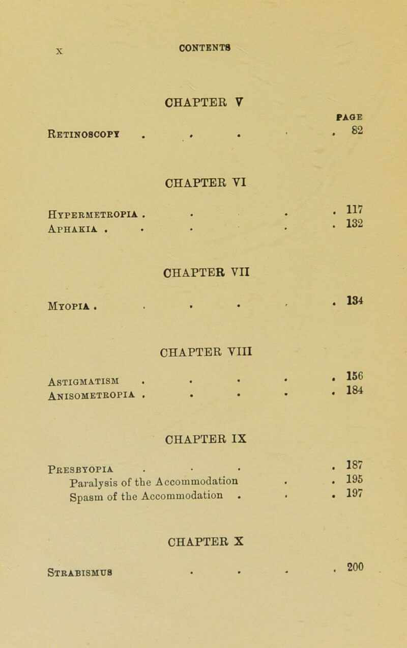 CHAPTER V PAGE Retinoscopt . . . .82 CHAPTER VI 117 HtPERMETROPIA . . • . Aphakia . . • • * CHAPTER VII Myopia . . . . - • CHAPTER VIII Astigmatism . • • • .156 1R4 Anisometropia , . • • • CHAPTER IX Presbyopia . • ■ • Paralysis of tlie Accommodation . . 195 Spasm of the Accommodation . < • 197 CHAPTER X Strabismus . 200