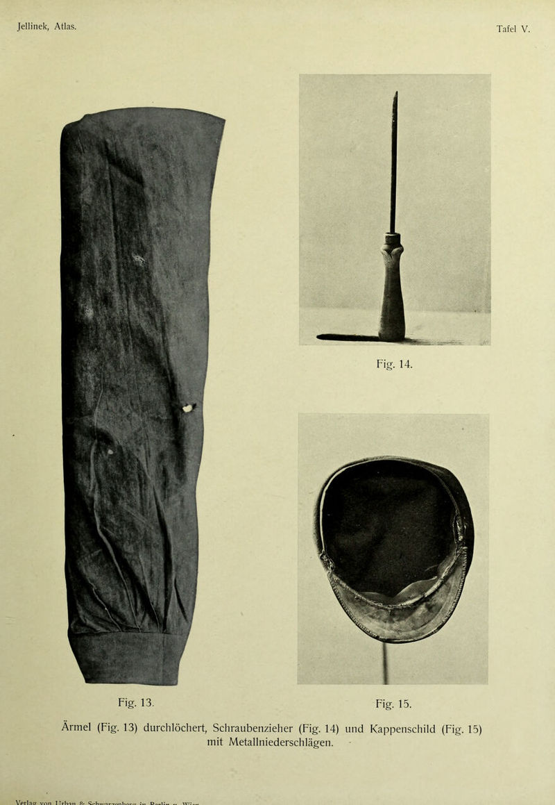 Fig. 13. Fig. 15. Ärmel (Fig. 13) durchlöchert, Schraubenzieher (Fig. 14) und Kappenschild (Fig. 15) mit Metallniederschlägen.