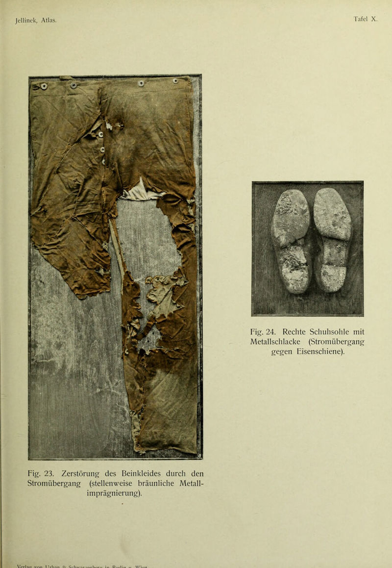Fig. 24. Rechte Schuhsohle mit Metallschlacke (Stromübergang gegen Eisenschiene). Fig. 23. Zerstörung des Beinkleides durch den Stromübergang (stellenweise bräunliche Metall- imprägnierung).