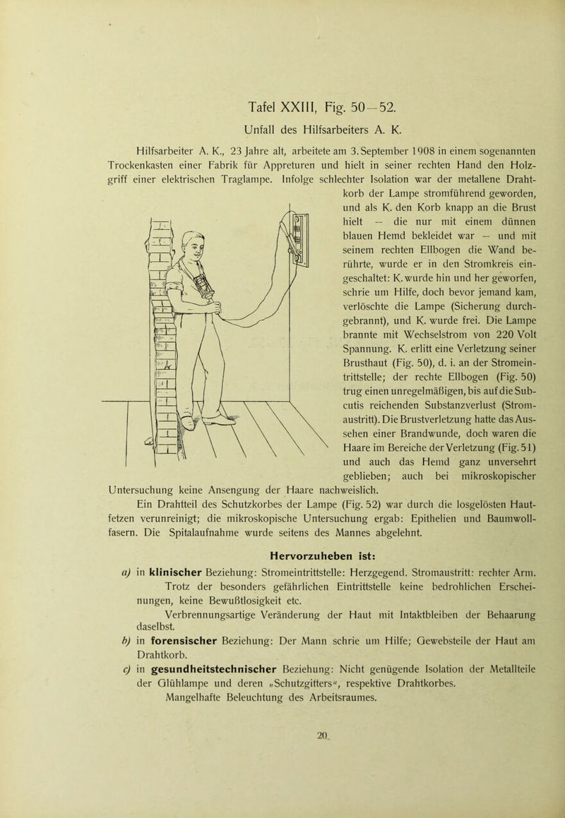Unfall des Hilfsarbeiters A. K. Hilfsarbeiter A. K., 23 Jahre alt, arbeitete am 3.September 1908 in einem sogenannten Trockenkasten einer Fabrik für Appreturen und hielt in seiner rechten Hand den Holz- griff einer elektrischen Traglampe. Infolge schlechter Isolation war der metallene Draht- korb der Lampe stromführend geworden, und als K. den Korb knapp an die Brust hielt — die nur mit einem dünnen blauen Hemd bekleidet war — und mit seinem rechten Ellbogen die Wand be- rührte, wurde er in den Stromkreis ein- geschaltet: K. wurde hin und her geworfen, schrie um Hilfe, doch bevor jemand kam, verlöschte die Lampe (Sicherung durch- gebrannt), und K. wurde frei. Die Lampe brannte mit Wechselstrom von 220 Volt Spannung. K. erlitt eine Verletzung seiner Brusthaut (Fig. 50), d. i. an der Stromein- trittstelle; der rechte Ellbogen (Fig. 50) trug einen unregelmäßigen, bis auf die Sub- cutis reichenden Substanzverlust (Strom- austritt). Die Brustverletzung hatte das Aus- sehen einer Brandwunde, doch waren die Haare im Bereiche der Verletzung (Fig. 51) und auch das Hemd ganz unversehrt geblieben; auch bei mikroskopischer Untersuchung keine Ansengung der Haare nachweislich. Ein Drahtteil des Schutzkorbes der Lampe (Fig. 52) war durch die losgelösten Haut- fetzen verunreinigt; die mikroskopische Untersuchung ergab: Epithelien und Baumwoll- fasern. Die Spitalaufnahme wurde seitens des Mannes abgelehnt. Hervorzuheben ist: a) in klinischer Beziehung: Stromeintrittstelle: Herzgegend. Stromaustritt: rechter Arm. Trotz der besonders gefährlichen Eintrittstelle keine bedrohlichen Erschei- nungen, keine Bewußtlosigkeit etc. Verbrennungsartige Veränderung der Haut mit Intaktbleiben der Behaarung daselbst. b) in forensischer Beziehung: Der Mann schrie um Hilfe; Gewebsteile der Haut am Drahtkorb. c) in gesundheitstechnischer Beziehung: Nicht genügende Isolation der Metallteile der Glühlampe und deren »Schutzgitters'', respektive Drahtkorbes. Mangelhafte Beleuchtung des Arbeitsraumes. 20_