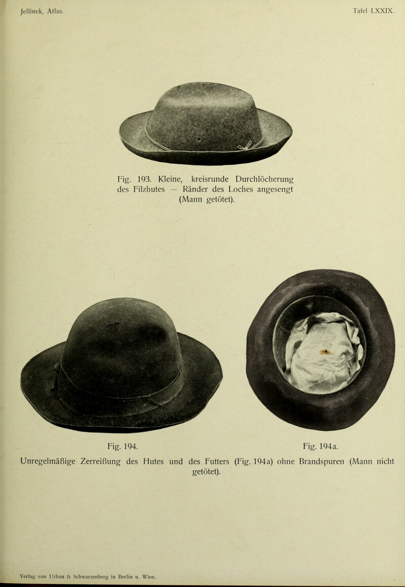 Fig. 193. Kleine, kreisrunde Durchlöcherung des Filzhutes — Ränder des Loches angesengt (Mann getötet). Fig. 194. Fig. 194a. Unregelmäßige Zerreißung des Hutes und des Futters (Fig. 194a) ohne Brandspuren (Mann nicht getötet).