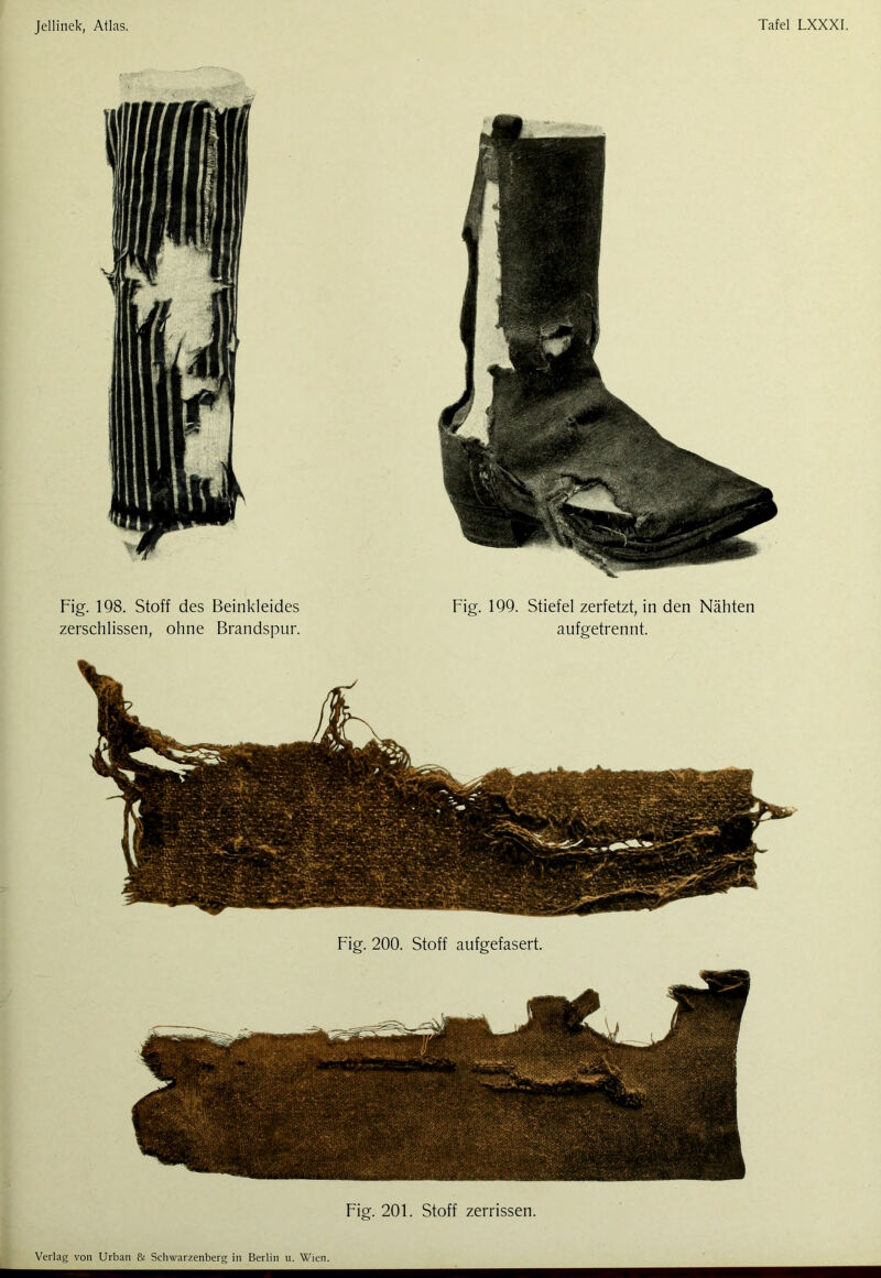 Fig. 201. Stoff zerrissen. Fig. 198. Stoff des Beinkleides zerschlissen, ohne Brandspur. Fig. 199. Stiefel zerfetzt, in den Nähten aufgetrennt. Fig. 200. Stoff aufgefasert.