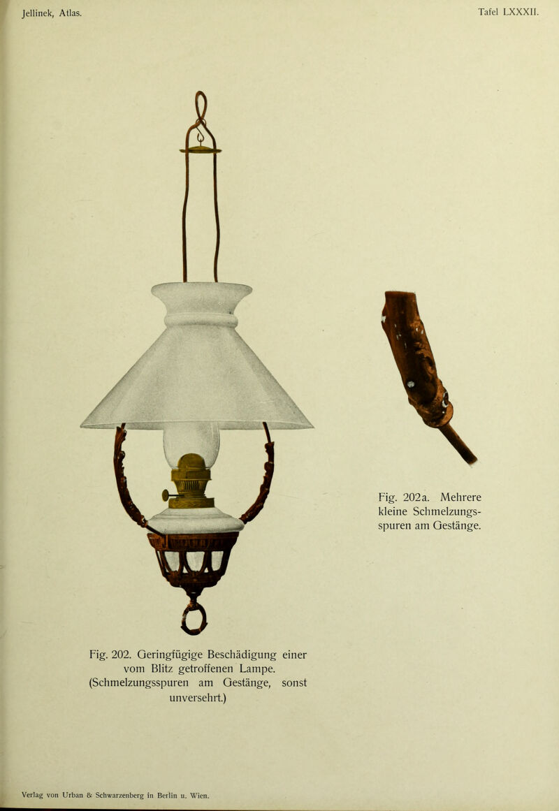 Fig. 202. Geringfügige Beschädigung einer vom Blitz getroffenen Lampe. (Schmelzungsspuren am Gestänge, sonst unversehrt.) Fig. 202 a. Mehrere kleine Schmelzungs- spuren am Gestänge.