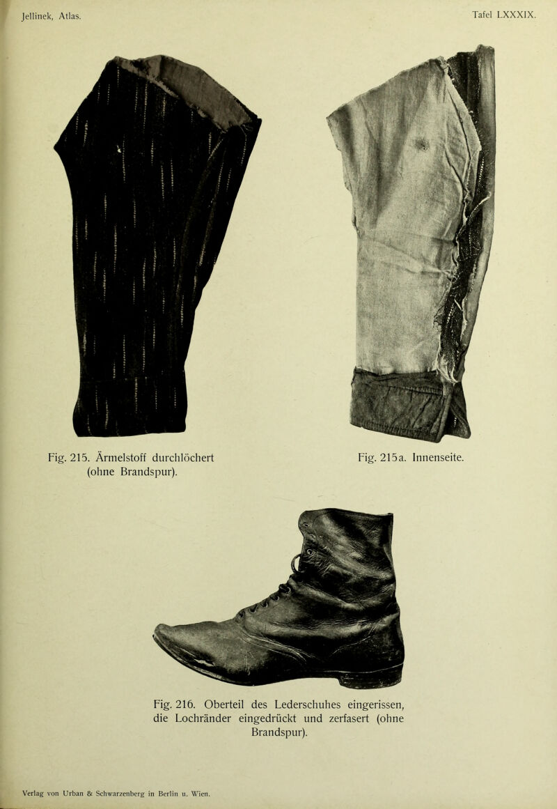 Fig. 215. Ärmelstoff durchlöchert (ohne Brandspur). Fig. 215a. Innenseite. Fig. 216. Oberteil des Lederschuhes eingerissen, die Lochränder eingedrückt und zerfasert (ohne Brandspur). Verlag von Urban & Schwarzenberg in Berlin u. Wien.