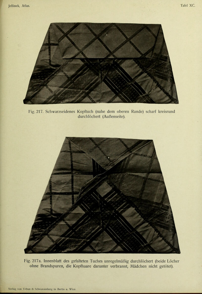 Fig. 217. Schwarzseidenes Kopftuch (nahe dem oberen Rande) scharf kreisrund durchlöchert (Außenseite). Fig. 217a. Innenblatt des gefalteten Tuches unregelmäßig durchlöchert (beide Löcher ohne Brandspuren, die Kopfhaare darunter verbrannt, Mädchen nicht getötet).