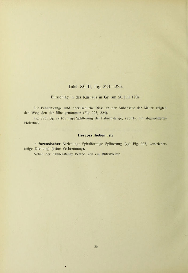 Blitzschlag in das Kurhaus in Gr. am 20. Juli 1904. Die Fahnenstange und oberflächliche Risse an der Außenseite der Mauer zeigten den Weg, den der Blitz genommen (Fig. 223, 224). Fig. 225: Spiralförmige Splitterung der Fahnenstange; rechts: ein abgesplittertes Holzstück. Hervorzuheben ist: in forensischer Beziehung: Spiralförmige Splitterung (vgl. Fig. 227, korkzieher- artige Drehung) (keine Verbrennung). Neben der Fahnenstange befand sich ein Blitzableiter. 86