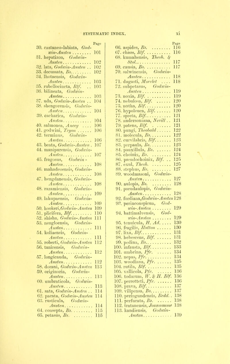 Page 30. castaneo-labiata, God- win-Austen 101 31. kepatizon, Godwin- Austen 102 32. lata, Godwin-Austen . . 102 33. decussata, Bs.. 102 34. lhotaensis, Godwin- Austen 103 35. rubellocincta, Blf. . . 103 36. bilineata, Godwin- Austen 103 37. uda, Godwin-Austen . . 104 38. skengorensis, Godwin- Austen 104 39. cackarica, Godwin- Austen 104 40. salmonea, Ancey .... 106 41. godwini, Try on 106 42. terminus, Godwin- Austen 106 43. beata, Godwin-Austen . 107 44. manipurensis, Godwin- Austen 107 45. fragosus, Godwin - Austen 108 46. mahadeoensis, Godwin- Austen 108 47. hengdanensis, Godwin- Austen 108 48. razamiensis, Godwin- Austen 109 49. lahupaensis, Godwin- Austen 109 50. kookeri,Godwin-Austen 109 51. plicifera, Blf. 110 52. skisha, Godwin-Austen 111 53. nengloensis, Godwin- Austen Ill 54. koliaensis, Godwin- Austen Ill 55. roberti, Godwin-Austen 112 56. tanirensis, Godwin- Austen 112 57. longicauda, Godwin- Austen 112 58. dorani, Godwin-Austen 113 59. originaria, Godwin- Austen 113 60. umbraticola, Godwin- Austen 113 61. sata, Godwin-Austen . . 114 62. pacata, Godwin-Austen 114 63. rusticula, Godivin- Austen 114 64. consepta, Bs 115 65. petasus, Bs . 115 Page 66. aspides, Bs 116 67. ckaos, Blf. 116 68. kumakensis, Theob. Stol, 117 69. causia, Bs 117 70. salwinensis, Godwin- Austen 118 71. dugasti, Morelet .... 118 72. subpetasus, Godwin- Austen 119 73. uoxia, Blf. 119 74. nebulosa, Blf. 120 75. notka, Blf. 120 76. liypoleuca, Blf. 120 77. spreta, Blf. 121 78. andersoniana, Nevill. . 121 79. patens, Blf. 121 80. pungi, Theobald 122 81. molecula, Bs 122 82. curvilabris, Blf. 123 83. perpaula, Bs 123 84. pauxillula, Bs 124 85. ckoinix, Bs 124 86. pseudoclioinix, Blf. . . 125 87. exul, Theob 125 88. stepkus, Bs 127 89. woodmasoni, Godwin- Austen 127 90. aulopis, Bs 128 91. pseudaulopis, Godwin- Austen 128 92. io\AiasX\?i,Godioin-Austen 128 93. perinconspicua, God- win-Austen 129 94. battimalvensis, God- win-Austen 129 95. tenuicula, H. Ad 130 96. fvagilis, TIutton 130 97. lixa, Blf. 131 98. kebescens, Blf. 131 99. pedina, Bs 132 100. infausta, Blf. 133 101. umbrina, Pfr 134 102. nepas, Pfr 134 103. woodiana, Pfr 135 104. rutila, Blf. 135 105. yallicola, Pfr 136 106. todarum, W. fy II. Blf. 136 107. perrotteti, Pfr 136 108. pray a, Blf. 137 109. yilipensa, Bs......... 137 110. peringundensis, Bedd. . 138 111. perfucata, Bs 138 112. tratanensis, Jousseaume 138 113. kanaiensis, Godwin- Austen 139