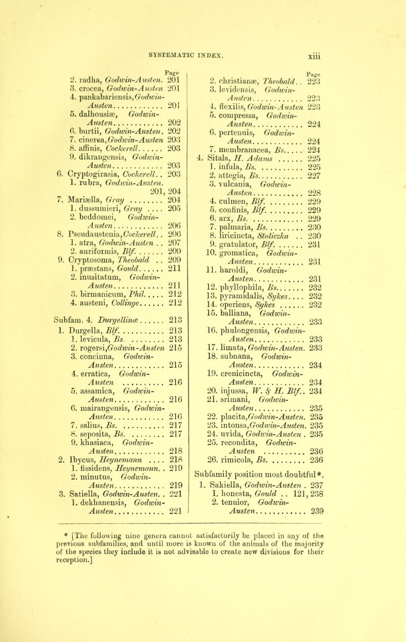 Page 2. radka, Godwin-Austen. 201 3. crocea, Godwin-Austen 201 4. pankabariensis, Godwin- Austen 201 5. dalhousiae, Godwin- Austen 202 0. burtii, Godwin-Austen. 202 7. cinerea, Godwin-Austen 203 8. affinis, Cockerell 203 9. dikrangensis, Godwin- Austen 203 6. Cryptogirasia, Cockerell. . 203 1. rubra, Godwin-Austen. 201, 204 7. Marisella, Gray 204 1. dussumieri, Gray .... 205 2. beddomei, Godwin- Austen 206 8. Pseudaustenia,C'oc&e?,e//. . 206 1. atra, Godwin-Austen . . 207 2. auriformis, Blf. 209 9. Cryptosoma, Theobald . . 209 1. prsestans, Gould 211 2. inusitatum, Godzvin- Austen 211 3. birmanicum, Phil 212 4. austeni, Collinge 212 Subfam. 4. Durgellince 213 1. Durgeila, Blf. 213 1. levicula, Bs 213 2. rogeYsijGodiuin-Austen 215 3. conciuna, Godivin- Austen 215 4. erratica, Godwin- Austen 216 5. assamica, Godwin- Austen 216 6. mairangensis, Godwin- Austen 216 7. salius, Bs 217 8. seposita, Bs 217 9. kliasiaca, Godwin- Austen 218 2. Ibycus, Heynemann .... 218 1. fissidens, Heynemann. . 219 2. minutus, Godwin- Austen 219 3. Satiella, Godwin-Austen. . 221 1. dekkanensis, Godwin- Austen 221 Page 2. ckristianse, Theobald. . 223 3. levidensis, Godivin- A usten 223 4. Hexilis, Godwin-Austen 223 5. compressa, Godwin- Austen 224 6. pertenuis, Godivin- Austen 224 7. membranacea, Bs 224 4. Sitala, H. Adams 225 1. infula, Bs 225 2. attegia, Bs 227 3. vulcania, Godwin- Austen 228 4. culmen, Blf. ........ 229 5. confinis, Blf. 229 6. arx, Bs 229 7. palmaria, Bs 230 8. liricincta, Stoliczka . . 230 9. gratulator, Blf. 231 10. gromatica, Godwin- Austen 231 11. haroldi, Godwin- Austen 231 12. phyllopkila, Bs 232 13. pyramidalis, Sykes. .. . 232 14. operiens, Sykes 232 15. balliana, Godivin- Austen 233 16. pkulongensis, Godwin- Austen 233 17. limata, Godwin-Austen. 233 18. subnana, Godwin- Austen 234 19. crenicincta, Godwin- Austen 234 20. injussa, W. ty H. Blf.. 234 21. srimani, Godwin- Austen 235 22. Godwin-Austen. 235 23. intonsa,Godwin-Austen. 235 24. uvida, Godwin-Austen . 235 25. recondita, Godwin- Austen 236 26. rimicola, Bs 236 Subfamily position most doubtful*. 1. Sakiella, Godwin-Austen . 237 1. honesta, Gould . . 121,238 2. tenuior, Godwin- Austen 239 * [Tke following nine genera cannot satisfactorily be placed in any of the previous subfamilies, and until more is known of the animals of tke majority of the species they include it is not advisable to create new divisions for their reception.]