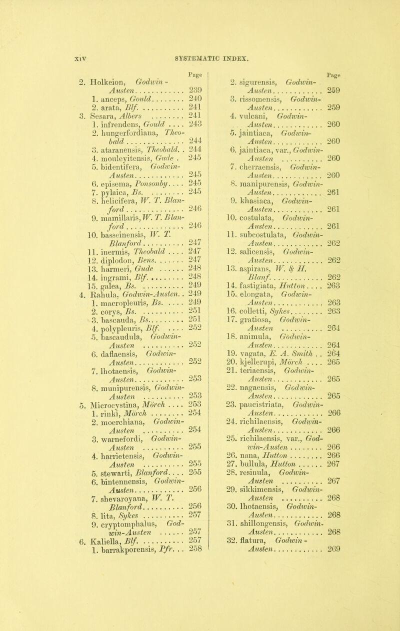 Page 2. Holkeion, Godwin - Austen 239 1. anceps, Gould 240 2. arata, Blf. 241 3. Sesara, Albers 241 1. infrendens, Gould .... 243 2. hungerfordiana, Theo- bald 244 3. ataranensis, Theobald. . 244 4. mouleyitensis, Gude . 245 5. bidentifera, Godwin- Austen 245 6. episema, Ponsonby. .. . 245 7. pylaica, Bs 245 8. belicifera, TV. T. Blan- ford 246 9. mamillaris, TV. T. Stan- ford ^ 246 10. basseinensis, TV. T. Blanford 247 11. inermis, Theobald .... 247 12. diplodon, Bens 247 13. barmeri, Gude 248 14. ingrami, Blf. 248 15. galea, Bs 249 4. Raliula. Godwin-Austen. . 249 1. macropleuris, Bs 249 2. corys, Bs. 251 3. bascauda, Bs 251 4. polypleuris, Blf. .... 252 5. bascaudula, Godwin- Austen 252 6. daflaensis, Godwin- Austen 252 7. lhotaensis, Godwin- Austen 253 8. munipurensis, Godwm- Aasten 253 5. Microcvstina, Morch .... 253 1. rinki, Morch 254 2. moercliiana, Godwin- Austen 254 3. warnefordi, Godwin- Austen 255 4. barrietensis, Godwin- Austen 255 5. stewarti, Blanford. . . . 255 6. bintennensis, Godwin- Austen 256 7. sbevaroyana, TV. T. Blanford 256 8. lita, Sykes 257 9. cryptompbalus, God- win-Austen 257 6. Kaliella, Blf. 257 Page 2. sigurensis, Godwin- Austen 259 3. lissomensis, Godwin- Austen 259 4. vulcani, Godwin- Austen 260 5. jaintiaca, Godwvns- Austen 260 6. jaintiaca, var., Godwin- Austen 260 7. cberraensis, Godwin- Austen 260 8. manipurensis, Godwin- Austen 261 9. kbasiaca, Godwin- Austen 261 10. costulata, Godivin- Austen 261 11. subcostulata, Godwin- Austen 262 12. salicensis, Godwin- Austen 262 13. aspirans, TV. fy H. Blanf. 262 14. fastigiata, Hutton .... 263 15. elongata, Godivin- Austen 263 16. colletti, Sykes 263 17. gratiosa, Godivin- Austen 264 18. animula, Godwin- Austen 264 19. vagata, E. A. Smith . . 264 20. kjellerupi, Morch .... 265 21. teriaensis, Godivin- Austen 265 22. nagaensis, Godwin- Austen 265 23. paucistriata, Godwin- Austen 266 24. richilaensis, Godwin- Austen 266 25. ricliilaensis, var., God- win-Austen 266 26. liana, Hutton 266 27. bullula, Hutton 267 28. resinula, Godwin- Austen 267 29. sikkimensis, Godwin- Austen 268 30. lhotaensis, Godivin- Austen 268 31. shillongensis, Godwin- Austen 268 32. flatura, Godwin -