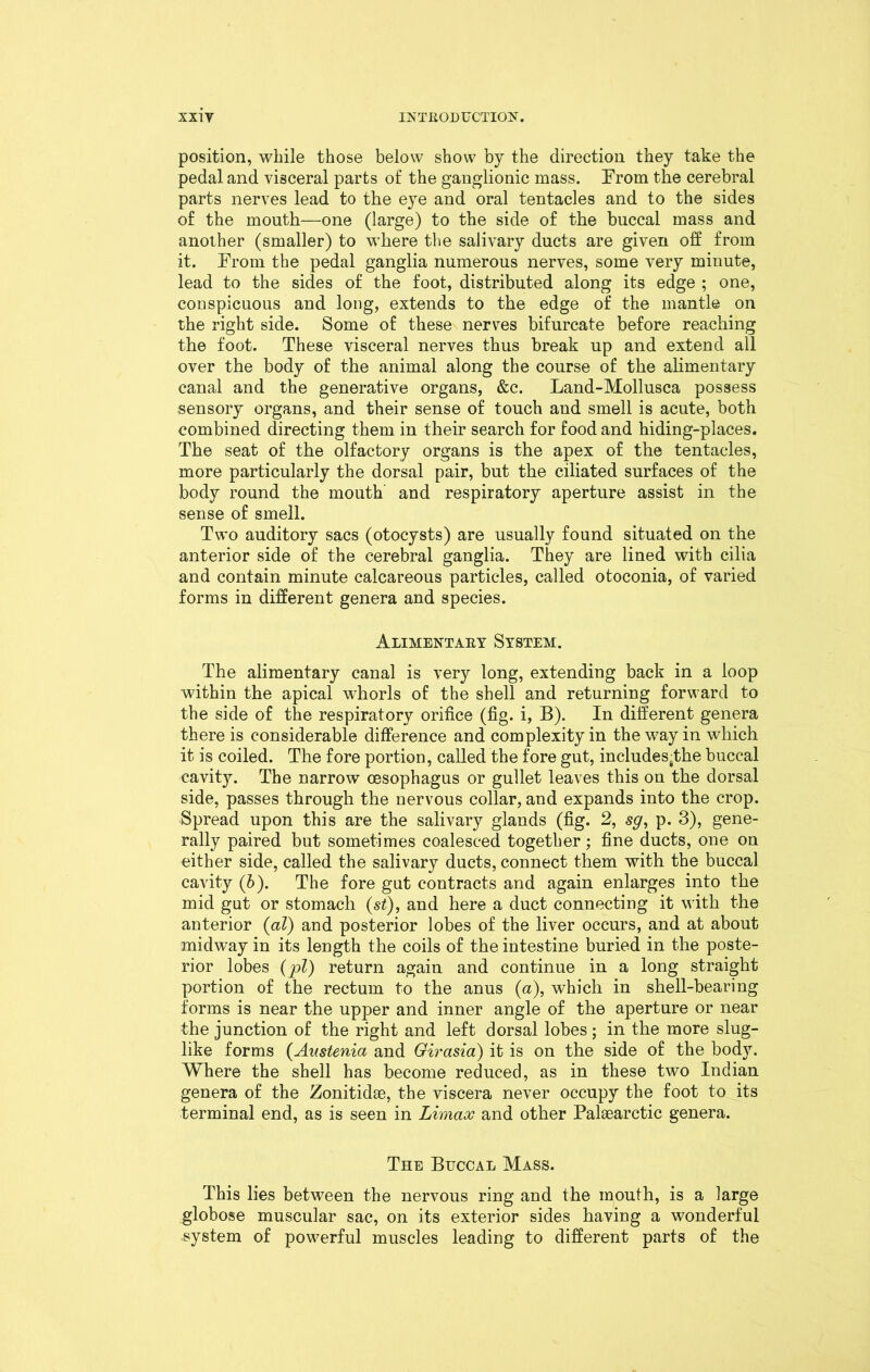 position, while those below show by the direction they take the pedal and visceral parts of the ganglionic mass. From the cerebral parts nerves lead to the eye and oral tentacles and to the sides of the mouth—one (large) to the side of the buccal mass and another (smaller) to where the salivary ducts are given off from it. From the pedal ganglia numerous nerves, some very minute, lead to the sides of the foot, distributed along its edge ; one, conspicuous and long, extends to the edge of the mantle on the right side. Some of these nerves bifurcate before reaching the foot. These visceral nerves thus break up and extend all over the body of the animal along the course of the alimentary canal and the generative organs, &c. Land-Mollusca possess sensory organs, and their sense of touch and smell is acute, both combined directing them in their search for food and hiding-places. The seat of the olfactory organs is the apex of the tentacles, more particularly the dorsal pair, but the ciliated surfaces of the body round the mouth and respiratory aperture assist in the sense of smell. Two auditory sacs (otocysts) are usually found situated on the anterior side of the cerebral ganglia. They are lined with cilia and contain minute calcareous particles, called otoconia, of varied forms in different genera and species. Alimentary System. The alimentary canal is very long, extending back in a loop within the apical whorls of the shell and returning forward to the side of the respiratory orifice (fig. i, B). In different genera there is considerable difference and complexity in the way in which it is coiled. The fore portion, called the fore gut, includes,.the buccal cavity. The narrow oesophagus or gullet leaves this on the dorsal side, passes through the nervous collar, and expands into the crop. Spread upon this are the salivary glands (fig. 2, sg, p. 3), gene- rally paired but sometimes coalesced together; fine ducts, one on either side, called the salivary ducts, connect them with the buccal cavity (6). The fore gut contracts and again enlarges into the mid gut or stomach (st), and here a duct connecting it with the anterior (al) and posterior lobes of the liver occurs, and at about midway in its length the coils of the intestine buried in the poste- rior lobes (jpl) return again and continue in a long straight portion of the rectum to the anus (a), which in shell-bearing forms is near the upper and inner angle of the aperture or near the junction of the right and left dorsal lobes ; in the more slug- like forms (Austenia and Girasia) it is on the side of the bod}r. Where the shell has become reduced, as in these two Indian genera of the Zonitidae, the viscera never occupy the foot to its terminal end, as is seen in Limax and other Palaearctic genera. The Buccal Mass. This lies between the nervous ring and the mouth, is a large globose muscular sac, on its exterior sides having a wonderful system of powerful muscles leading to different parts of the