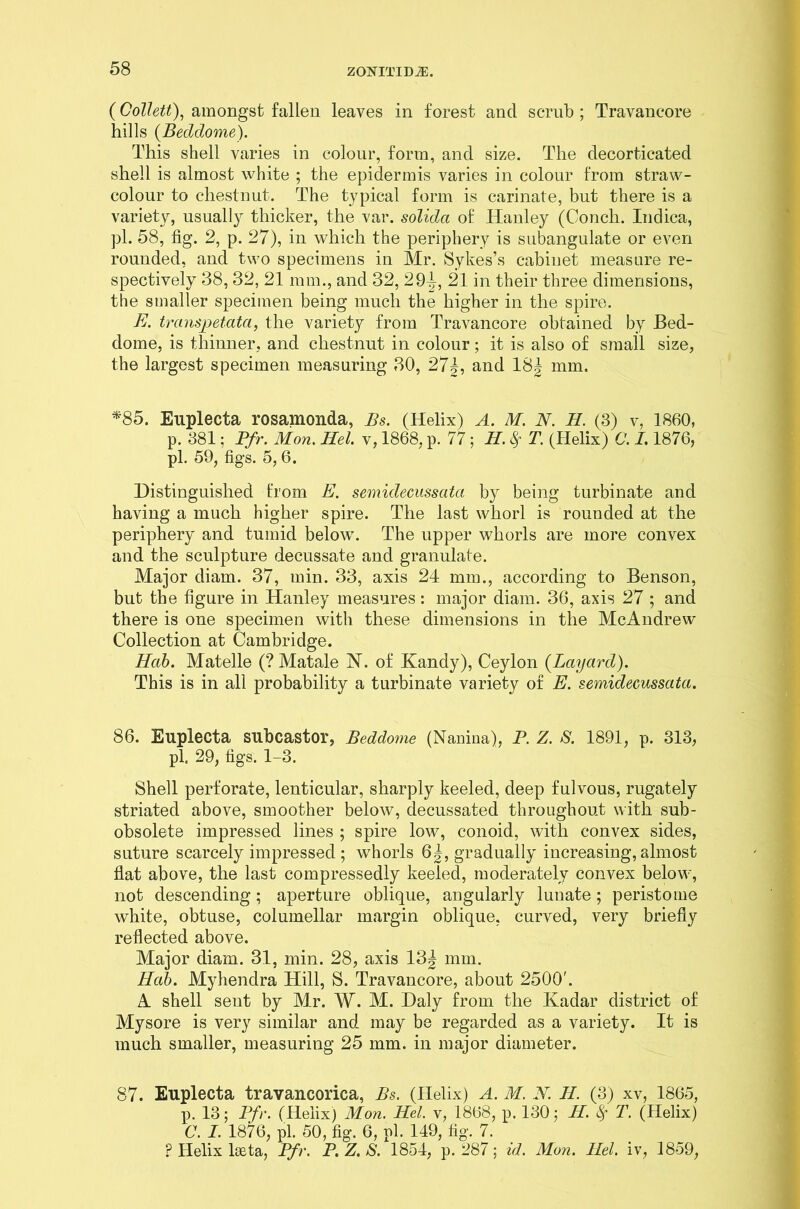 (Collett), amongst fallen leaves in forest and scrub ; Travancore hills (Beddome). This shell varies in colour, form, and size. The decorticated shell is almost white ; the epidermis varies in colour from straw- colour to chestnut. The typical form is carinate, but there is a variety, usually thicker, the var. soliclci of Hanley (Conch. Indica, pi. 58, fig. 2, p. 27), in which the periphery is subangulate or even rounded, and two specimens in Mr. Sykes’s cabinet measure re- spectively 38, 32, 21 mm., and 32, 29-|, 21 in their three dimensions, the smaller specimen being much the higher in the spire. E. transpetata, the variety from Travancore obtained by Bed- dome, is thinner, and chestnut in colour; it is also of small size, the largest specimen measuring 30, 27J, and 18| mm. *85. Euplecta rosamonda, Bs. (Helix) A. M. N. II. (3) v, 1860, p. 381; Pfr. Mon. Mel. v, 1868, p. 77 ; H. 8f T. (Helix) C. 1.1876, pi. 59, figs. 5, 6. Distinguished from E. semidecusscita by being turbinate and having a much higher spire. The last whorl is rounded at the periphery and tumid below. The upper whorls are more convex and the sculpture decussate and granulate. Major diam. 37, min. 33, axis 24 mm., according to Benson, but the figure in Hanley measures: major diam. 36, axis 27 ; and there is one specimen with these dimensions in the McAndrew Collection at Cambridge. Hab. Matelle (? Matale N. of Kandy), Ceylon (Bayard). This is in all probability a turbinate variety of E. semidecussata. 86. Euplecta subcastor, Beddome (Nanina), P. Z. S. 1891, p. 313, pi. 29, figs. 1-3. Shell perforate, lenticular, sharply keeled, deep fulvous, rugately striated above, smoother below, decussated throughout with sub- obsolete impressed lines ; spire low, conoid, with convex sides, suture scarcely impressed ; whorls 6|, gradually increasing, almost flat above, the last compressedly keeled, moderately convex below, not descending; aperture oblique, angularly lunate; peristome white, obtuse, columellar margin oblique, curved, very briefly reflected above. Major diam. 31, min. 28, axis 13| mm. Hab. Myhendra Hill, S. Travancore, about 2500'. A shell seut by Mr. W. M. Daly from the Kadar district of Mysore is very similar and may be regarded as a variety. It is much smaller, measuring 25 mm. in major diameter. 87. Euplecta travancorica, Bs. (Helix) A. M. N. H. (3) xv, 1865, p. 13; Pfr. (Helix) Mon. Mel. v, 1868, p. 130; II. $ T. (Helix) C. I. 1876, pi. 50, fig. 6, pi. 149, fig. 7. F Helix lxta, Pfr. P. Z. S. 1854, p.287; id. Mon. Mel. iv, 1859,