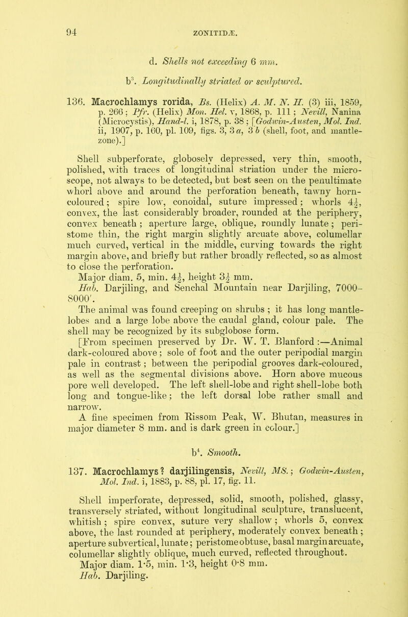 d. Shells not exceeding 6 mm. b3. Longitudinally striated or sculptured. 136. Macro chlamys rorida, Bs. (Helix) A. M. N. H. (3) iii, 1859, p. 266; Pfr. (Helix) Mon. Hel. v, 1868, p. Ill ; Nevill, Nanina (Microcystis), Hand-l. i, 1878, p. 38 ; [Godwin-Austen, Mol. Ind. ii, 1907, p. 160, pi. 109, figs. 3, 3 a, 3 b (shell, foot, and mantle- zone).] Shell subperforate, globoselv depressed, very thin, smooth, polished, with traces of longitudinal striation under the micro- scope, not always to be detected, but best seen on the penultimate whorl above and around the perforation beneath, tawny horn- coloured ; spire low, conoidal, suture impressed; whorls 44, convex, the last considerably broader, rounded at the periphery, convex beneath ; aperture large, oblique, roundly lunate; peri- stome thin, the right margin slightly arcuate above, columellar much curved, vertical in the middle, curving towards the right margin above, and briefly but rather broadly reflected, so as almost to close the perforation. Major diam. 5, min. 4J, height 34 mm. Hah. Darjiling, and Senchal Mountain near Darjiling, 7000- 8000'. The animal was found creeping on shrubs ; it has long mantle- lobes and a large lobe above the caudal gland, colour pale. The shell may be recognized by its subglobose form. [From specimen preserved by Dr. W. T. Blanford :—Animal dark-coloured above; sole of foot and the outer peripodial margin pale in contrast; between the peripodial grooves dark-coloured, as well as the segmental divisions above. Horn above mucous pore well developed. The left shell-lobe and right shell-lobe both long and tongue-like; the left dorsal lobe rather small and narrow. A fine specimen from Bissom Peak, W. Bhutan, measures in major diameter 8 mm. and is dark green in colour.] bh Smooth. 137. Macrochlamys? darjilingensis, Nevill, MS.-, Godwin-Austen, Mol. Ind. i, 1883, p. 88, pi. 17, fig. 11. Shell imperforate, depressed, solid, smooth, polished, glassy, transversely striated, without longitudinal sculpture, translucent, whitish ; spire convex, suture very shallow ; whorls 5, convex above, the last rounded at periphery, moderately convex beneath; aperture subvertical, lunate; peristome obtuse, basal margin arcuate, columellar slightly oblique, much curved, reflected throughout. Major diam. 1*5, min. 1*3, height 0*8 mm. Hab. Darjiling.