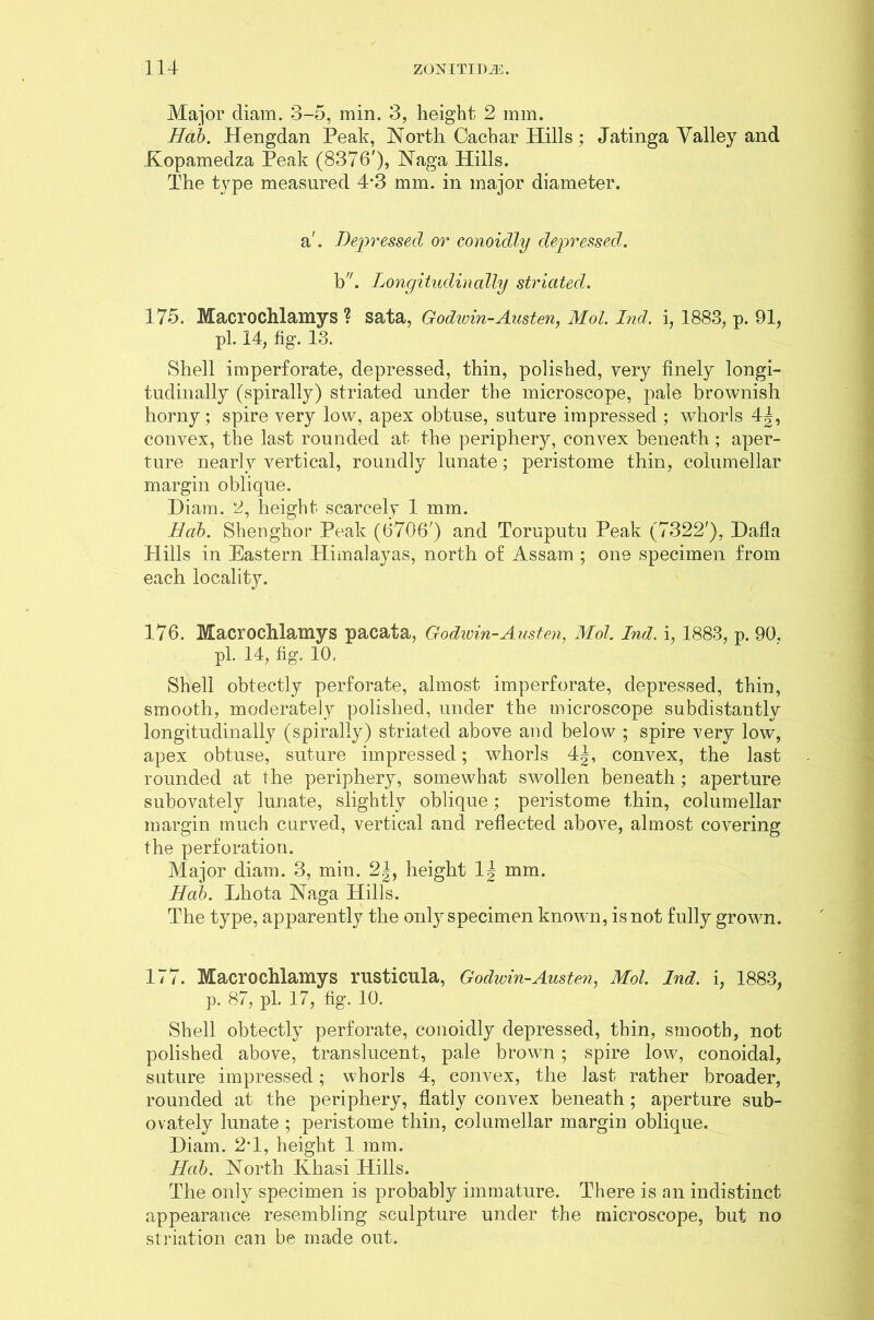Major cliam. 3-5, min. 3, height 2 mm. Hab. Hengdan Peak, North Cacbar Hills; Jatinga Valley and Nopamedza Peak (8376'), Naga Hills. The type measured 4’3 mm. in major diameter. a'. Depressed or conoidly depressed. IP. Longitudinally striated. 175. Macrochlamys ? sata, Godwin-Austen, Mol. hid. i, 1883, p. 91, pi. 14, fig. 13. Shell imperforate, depressed, thin, polished, very finely longi- tudinally (spirally) striated under the microscope, pale brownish horny; spire very low, apex obtuse, suture impressed ; whorls 4|, convex, the last rounded at the periphery, convex beneath ; aper- ture nearly vertical, roundly lunate; peristome thin, columellar margin oblique. Diam. 2, height scarcely 1 mm. Hab. Shenghor Peak (6706') and Toruputu Peak (7322'), Dafla Hills in Eastern Himalayas, north of Assam ; one specimen from each localit}r. 176. Macrochlamys pacata, Godwin-Austen, Mol. Ind. i, 1883, p. 90, pi. 14, fig. 10. Shell obtectly perforate, almost imperforate, depressed, thin, smooth, moderately polished, under the microscope subdistantly longitudinally (spirally) striated above and below ; spire very low, apex obtuse, suture impressed; whorls 4|, convex, the last rounded at the periphery, somewhat swollen beneath; aperture subovately lunate, slightly oblique; peristome thin, columellar margin much curved, vertical and reflected above, almost covering the perforation. Major diam. 3, min. 2|, height 1| mm. Hab. Lhota Naga Hills. The type, apparently the only specimen known, is not fully grown. 177. Macrochlamys rusticula, Godwin-Austen, Mol. Ind, i, 1883, p. 87, pi. 17, fig. 10. Shell obtectly perforate, conoidly depressed, thin, smooth, not polished above, translucent, pale brown; spire low, conoidal, suture impressed; whorls 4, convex, the last rather broader, rounded at the periphery, flatly convex beneath; aperture sub- ovately lunate ; peristome thin, columellar margin oblique. Diam. 2T, height 1 mm. Hab. North Khasi Hills. The only specimen is probably immature. There is an indistinct appearance resembling sculpture under the microscope, but no striation can be made out.