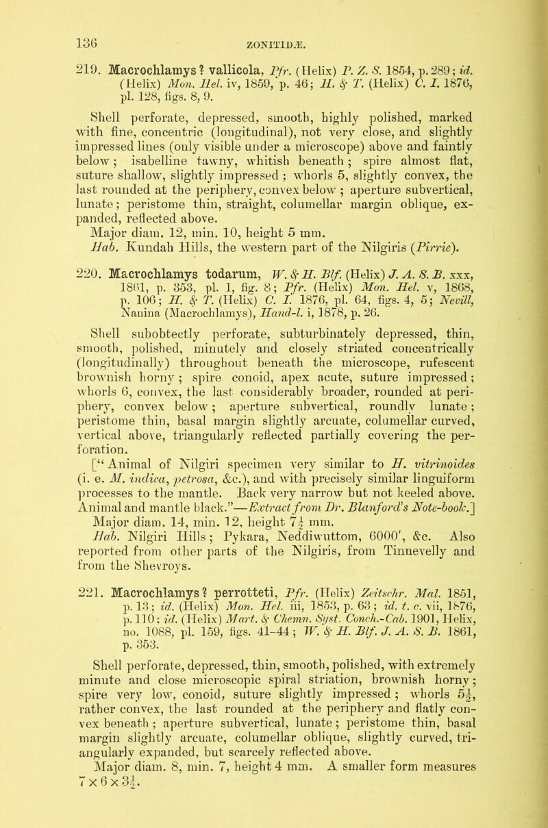 219. Macrochlamys? vallicola, Pfr. (Helix) P. Z. S. 1854, p.289; id. (Helix) Mon. Ilel. iv, 1859,‘p. 46; H. ty T. (Helix) C. I. 1876, pi. 128, figs. 8, 9. Shell perforate, depressed, smooth, highly polished, marked with fine, concentric (longitudinal), not very close, and slightly impressed lines (only visible under a microscope) above and faintly below; isabelline tawny, whitish beneath; spire almost flat, suture shallow, slightly impressed ; whorls 5, slightly convex, the last rounded at the periphery, convex below ; aperture subvertical, lunate; peristome thin, straight, columellar margin oblique, ex- panded, reflected above. Major diam. 12, min. 10, height 5 mm. Bab. Kundah Hills, the western part of the Nilgiris (Pirrie). 220. Macrochlamys todarum, W. $ H. Blf (Helix) J. A. S. B. xxx, 1861, p. 353, pi. 1, fig. 8; Pfr. (Helix) Mon. Bel. v, 1868, p. 106; B. 8f T. (Helix) C. I. 1876, pi. 64, figs. 4, 5; Nevill, Nanina (Macrochlamys), Itand-l. i, 1878, p. 26. Shell subobtectly perforate, subturbinately depressed, thin, smooth, polished, minutely and closely striated concentrically (longitudinally) throughout beneath the microscope, rufescent brownish horny; spire conoid, apex acute, suture impressed; whorls 6, convex, the last considerably broader, rounded at peri- phery, convex below; aperture subvertical, roundly lunate; peristome thin, basal margin slightly arcuate, columellar curved, vertical above, triangularly reflected partially covering the per- foration. [•“ Animal of Nilgiri specimen very similar to H. vitrinoides (i. e. M. indie,a, petrosa, &c.), and with precisely similar linguiform processes to the mantle. Back very narrow but not keeled above. Animal and mantle black.”—Extract from Dr. BlanforcVs Note-book.] Major diam. 14, min. 12, height mm. Bab. Nilgiri Hills; Pykara, Neddiwuttom, 6000', &c. Also reported from other parts of the Nilgiris, from Tinnevelly and from the Shevroys. 221. Macrochlamys? perrotteti, Pfr. (Helix) Zeitschr. Mai. 1851, p. 13; id. (Idelix) Mon. Bel. iii, 1853, p. 63 ; id. t. e. vii, 1876, p. 110: id. (Helix) Mart. <Sf Chemn. Syst. Conch.-Cab. 1901, Helix, no. 1088, pi. 159, figs. 41-44 ; TV. 8f B. Blf. J. A. S. B. 1861, p. 353. Shell perforate, depressed, thin, smooth, polished, with extremely minute and close microscopic spiral striation, brownish horny; spire very low, conoid, suture slightly impressed ; whorls rather convex, the last rounded at the periphery and flatly con- vex beneath ; aperture subvertical, lunate; peristome thin, basal margin slightly arcuate, columellar oblique, slightly curved, tri- angularly expanded, but scarcely reflected above. Major diam. 8, min. 7, height 4 mm. A smaller form measures 7 x 6 x 34.