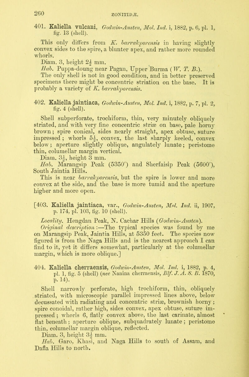 401. Kaliella vulcani, Godwin-Austen, Mol. Ind. i, 1882. p. 6, pi. 1, fig. 13 (shell). This only differs from II. barrakporensis in having slightly convex sides to the spire, a blunter apex, and rather more rounded whorls. Diam. 3, height 2| mm. Hub. Pnppa-doung near Pagan, Upper Burma (TU. T. B.). The only shell is not in good condition, and in better preserved specimens there might be concentric striation on the base. It is probably a variety of K. barrakporensis. 402. Kaliella jaintiaca, Godivin-Austen, Mol. Ind. i, 1882, p. 7, pi. 2, fig. 4 (shell). Shell subperforate, trochiform, thin, very minutely obliquely striated, and with very fine concentric striae on base, pale horny brown; spire conical, sides nearly straight, apex obtuse, suture impressed ; whorls 5j, convex, the last sharply heeled, convex below; aperture slightly oblique, angulately lunate; peristome thin, columellar margin vertical. Diam. 3|, height 3 mm. Hcib. Marangsip Peak (5350') and Sherfaisip Peak (5600'), South Jaintia Hills. This is near bcirrakporensis, but the spire is lower and more convex at the side, and the base is more tumid and the aperture higher and more open. [403. Kaliella jaintiaca, var., Godwin-Austen, Mol. Ind. ii, 1907, p. 174, pi. 103, fig. 10 (shell). Loccdity. Hengdan Peak, JST. Cachar Hills {Godwin-Austen'). Original description :—The typical species was found by me on Marangsip Peak, Jaintia Hills, at 5350 feet. The species now figured is from the Naga Hills and is the nearest approach I can find to it, yet it differs somewhat, particularly at the columellar margin, which is more oblique.] 404. Kaliella cherraensis, Godwin-Austen, Mol. Ind. i, 1882, p. 4, pi. 1, fig. 5 (shell) (nec Nanina cherraensis, Blf. J. A. S. B. 1870, p. 14). Shell narrowly perforate, high trochiform, thin, obliquely striated, with microscopic parallel impressed lines above, below decussated with radiating and concentric striae, brownish horny; spire conoidal, rather high, sides convex, apex obtuse, suture im- pressed ; whorls 6, flatly convex above, the last carinate, almost flat beneath; aperture oblique, subquadrately lunate; peristome thin, columellar margin oblique, reflected. Diam. 3, height 34 mm. Hah. Garo, Kbasi, and JNaga Hills to south of Assam, and Dafla Hills to north.
