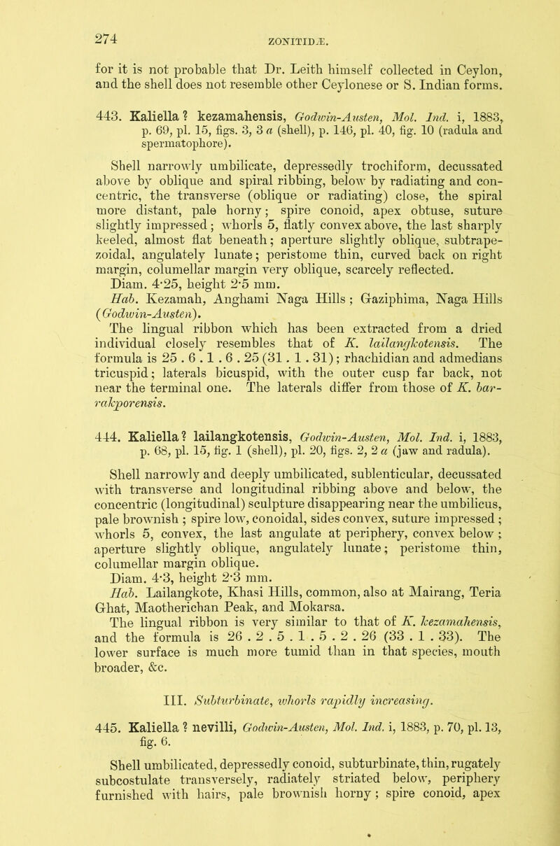 for it is not probable that Dr. Leith himself collected in Ceylon, and the shell does not resemble other Ceylonese or S. Indian forms. 443. Kaliella? kezamahensis, Godwin-Austen, Mol. Ind. i, 1883, p. 69, pi. 15, figs. 3, 3 a (shell), p. 146, pi. 40, fig. 10 (radula and spermatophore). Shell narrowly umbilicate, depressedly trochiform, decussated above by oblique and spiral ribbing, below by radiating and con- centric, the transverse (oblique or radiating) close, the spiral more distant, pale horny; spire conoid, apex obtuse, suture slightly impressed; whorls 5, flatly convex above, the last sharply keeled, almost flat beneath; aperture slightly oblique, subtrape- zoidal, angulately lunate; peristome thin, curved back on right margin, columellar margin very oblique, scarcely reflected. Diam. 4'25, height 2-5 mm. Hob. Kezamah, Anghami Naga Hills; Gaziphima, Naga Hills ( Godwin- Austen). The lingual ribbon which has been extracted from a dried individual closely resembles that of K. ladangleotensis. The formula is 25.6.1.6.25 (31.1.31); rhachidian and admedians tricuspid; laterals bicuspid, with the outer cusp far back, not near the terminal one. The laterals differ from those of K. bar- rakporensis. 444. Kaliella? lailangkotensis, Godwin-Austen, Mol. Ind. i, 1883, p. 68, pi. 15, fig. 1 (shell), pi. 20, figs. 2, 2 a (jaw and radula). Shell narrowly and deeply umbilicated, sublenticular, decussated with transverse and longitudinal ribbing above and below, the concentric (longitudinal) sculpture disappearing near the umbilicus, pale brownish ; spire low, conoidal, sides convex, suture impressed ; whorls 5, convex, the last angulate at periphery, convex below; aperture slightly oblique, angulately lunate; peristome thin, columellar margin oblique. Diam. 4*3, height 2*3 mm. Hab. Lailangkote, Khasi Hills, common, also at Mairang, Teria Ghat, Maotherichan Peak, and Mokarsa. The lingual ribbon is very similar to that of K. kezamahensis, and the formula is 26.2.5.1 . 5.2.26 (33.1 . 33). The lower surface is much more tumid than in that species, mouth broader, &c. III. Subturbinate, whorls rapidly increasing. 445. Kaliella ? nevilli, Godwin-Austen, Mol. Ind. i, 1883, p. 70, pi. 13, fig. 6. Shell umbilicated, depressedly conoid, subturbinate, thin, rugately subcostulate transversely, radiately striated below, periphery furnished with hairs, pale brownish horny; spire conoid, apex