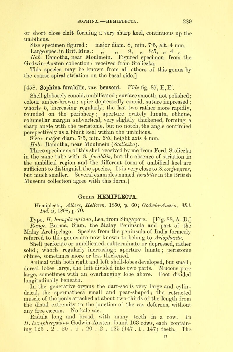 or short close cleft forming a very sharp keel, continuous up the umbilicus. Size specimen figured: major diam. 8, min. 7*5, alt. 4 mm. Large spec, in Brit. Mus.: „ ,, 9, „ 8*5, „ 4 ,, Hab. Damotha, near Moulmein. Figured specimen from the Godwin-Austen collection : received from Stoliczka. This species may be known from all others of this genus by the coarse spiral striation on the basal side.] [458. Sophina forabilis, var. bensoni. Vide fig. 87, E, E'. Shell globosely conoid, umbilicated; surface smooth, not polished; colour umber-brown ; spire depressedly conoid, suture impressed ; whorls 5, increasing regularly, the last two rather more rapidly, rounded on the periphery; aperture ovately lunate, oblique, columellar margin subvertical, very slightly thickened, forming a sharp angle with the peristome, but no notch, the angle continued perspectively as a blunt keel within the umbilicus. Size: major diam. 7*5, min. 6-5, height axis 4 mm. Hab. Damotha, near Moulmein (Stoliczka). Three specimens of this shell received by me from Eerd. Stoliczka in the same tube with S. forabilis, but the absence of striation in the umbilical region and the different form of umbilical keel are sufficient to distinguish the species. It is very close to S. conjungens, but much smaller. Several examples named forabilis in the British Museum collection agree with this form.] Genus HEMIPLECTA. Ilemiplecta, Albers, Heliceen, 1850, p. 60; Godwin-Austen, Mol. Ind. ii, 1898, p. 70. Type, H. Humphrey siana, Lea, from Singapore. [Fig. 88, A-D.] Range. Burma, Siam, the Malay Peninsula and part of the Malay Archipelago. Species from the peninsula of India formerly referred to this genus are now known to belong to Arioplianta. Shell perforate or umbilicated, subterminate or depressed, rather solid; whorls regularly increasing; aperture lunate; peristome obtuse, sometimes more or less thickened. Animal with both right and left shell-lobes developed, but small; dorsal lobes large, the left divided into two parts. Mucous pore large, sometimes with an overhanging lobe above. Foot divided longitudinally beneath. In the generative organs the dart-sac is very large and cylin- drical, the spermatheca small and pear-shaped; the retracted muscle of the penis attached at about two-thirds of the length from the distal extremity to the junction of the vas deferens, without anv free caecum. No kalc-sac. Badula long and broad, with many teeth in a row. In II. Humphrey siana Godwin-Austen found 163 rows, each contain- ing 125 . 2 . 20 . 1 . 20 . 2 . 125 (147.1 . 147) teeth. The n