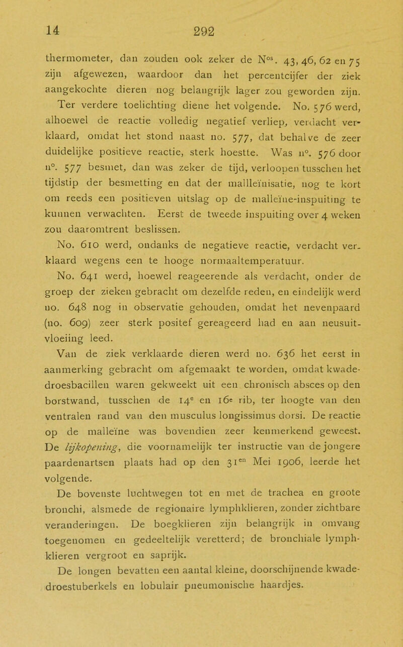 thermometer, dan zouden ook zeker de Nos. 43,46,6261175 zijn afgewezen, waardoor dan het percentcijfer der ziek aangekochte dieren nog belangrijk lager zou geworden zijn. Ter verdere toelichting diene het volgende. No. 576 werd, alhoewel de reactie volledig negatief verliep, verdacht ver- klaard, omdat het stond naast 110. 577, dat behalve de zeer duidelijke positieve reactie, sterk hoestte. Was n°. 576 door n°. 577 besmet, dan was zeker de tijd, verloopen tusschen liet tijdstip der besmetting en dat der mallleïnisatie, nog te kort om reeds een positieven uitslag op de malleïne-inspuiting te kunnen verwachten. Eerst de tweede inspuiting over 4 weken zou daaromtrent beslissen. No. 610 werd, ondanks de negatieve reactie, verdacht ver. klaard wegens een te hooge normaaltemperatuur. No. 641 werd, hoewel reageerende als verdacht, onder de groep der zieken gebracht om dezelfde reden, en eindelijk werd 110. 648 nog in observatie gehouden, omdat het nevenpaard (110. 609) zeer sterk positef gereageerd had en aan neusuit- vloeiing leed. Van de ziek verklaarde dieren werd 110. 636 het eerst in aanmerking gebracht om afgemaakt te worden, omdat kwade- droesbacillen waren gekweekt uit een chronisch absces op den borstwand, tusschen de I4e en i6« rib, ter hoogte van den ventralen rand van den musculus longissimus dorsi. De reactie op de malleïne was bovendien zeer kenmerkend geweest. De lijkopening, die voornamelijk ter instructie van de jongere paardenartsen plaats had op den 3len Mei 1906, leerde het volgende. De bovenste luchtwegen tot en met de trachea en groote bronchi, alsmede de regionaire lymphklieren, zonder zichtbare veranderingen. De boegklieren zijn belangrijk in omvang toegenomen en gedeeltelijk veretterd; de bronchiale lymph- klieren vergroot en saprijk. De longen bevatten een aantal kleine, doorschijnende kwade- droestuberkels en lobulair pneumonische haardjes.