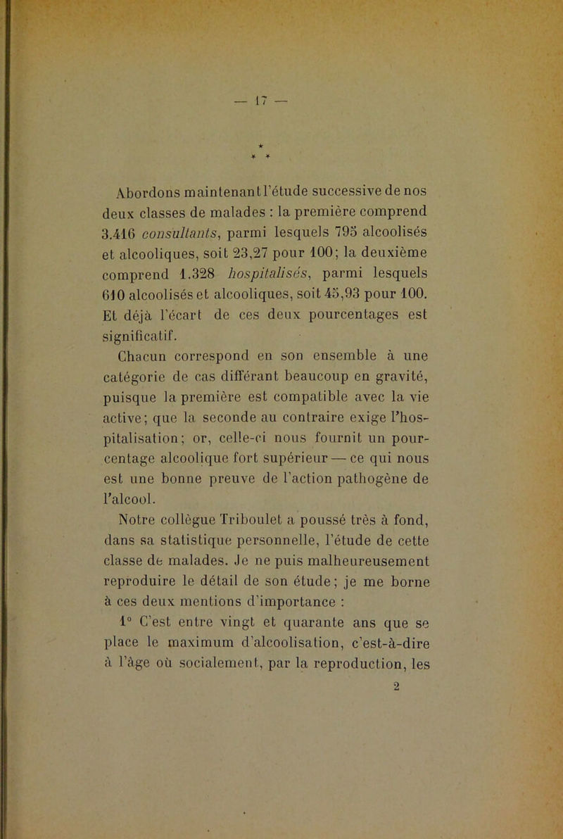Abordons maintenantrétude successive de nos deux classes de malades : la première comprend 3.416 consultants, parmi lesquels 793 alcoolisés et alcooliques, soit 23,27 pour 100; la deuxième comprend 1.328 hospitalisés, parmi lesquels 610 alcoolisés et alcooliques, soit 43,93 pour 100. Et déjà l’écart de ces deux pourcentages est significatif. Chacun correspond en son ensemble à une catégorie de cas différant beaucoup en gravité, puisque la première est compatible avec la vie active; que la seconde au contraire exige l’hos- pitalisation; or, celle-ci nous fournit un pour- centage alcoolique fort supérieur — ce qui nous est une bonne preuve de l’action pathogène de l’alcool. Notre collègue Triboulet a poussé très à fond, dans sa statistique personnelle, l’étude de cette classe de malades. Je ne puis malheureusement reproduire le détail de son étude; je me borne à ces deux mentions d’importance : 1° C’est entre vingt et quarante ans que se place le maximum d’alcoolisation, c’est-à-dire à l’àge où socialement, par la reproduction, les