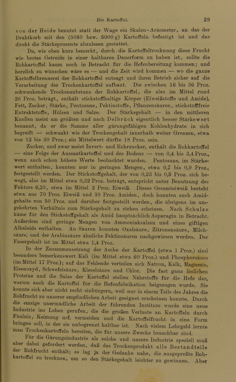 von der Heide benutzt statt der Wage ein Skalen-Aräometer, an das der Drahtkorb mit den (5050 bzw. 5000 g) Kartoffeln befestigt ist und das direkt die Stärkeprozente abzulesen gestattet. Da, wie oben kurz bemerkt, durch, die Kartoffeltrocknung diese Frucht wie bestes Getreide in einer haltbaren Dauerform zu haben ist, sollte die Rohkartoffel kaum noch in Betracht für die Hefenbereitung kommen; und herzlich zu wünschen wäre es — und die Zeit wird kommen — wo die ganze Kartoffelbrennerei der Rohkartoffel entsagt und ihren Betrieb sicher auf die Verarbeitung der Trockenkartoffel aufbaut. Die zwischen 16 bis 36 Proz. schwankende Trockensubstanz der Rohkartoffel, die also im Mittel rund 26 Proz. beträgt, enthält stickstoffhaltige Körper (Eiweißstoffe und Amide), Fett, Zucker, Stärke, Pentosane, Pektinstoffe, Pflanzensäuren, stickstofffreie Extraktstoffe, Hülsen und Salze. Der Stärkegehalt — in den mittleren Knollen meist am größten und nach Delbrück eigentlich besser Stärkewert benannt, da er die Summe aller gärungsfähigen Kohlenhydrate in sich begreift — schwankt wie der Trockengehalt innerhalb weiter Grenzen, etwa von 12 bis 30 Proz.; ein Mittelwert dürfte 18 Proz. sein. Zucker, und zwar meist Invert- und Rohrzucker, enthält die Rohkartoffel — eine Folge der Aussaatkartoffel und des Bodens — von 0,4 bis 3,4 Proz., wenn auch schon höhere Werte beobachtet wurden. Pentosane, im Stärke- wert enthalten, konnten nur in geringen Mengen, etwa 0,7 bis 0,9 Proz., festgestellt werden. Der Stickstoff geh alt, der von 0,23 bis 0,5 Proz. sich be- wegt, also im Mittel etwa 0,32 Proz. beträgt, entspricht unter Benutzung des Faktors 6,25, etwa im Mittel 2 Proz. Eiweiß. Dieses Gesamteiweiß besteht etwa aus 70 Proz. Eiweiß und 30 Proz. Amiden, doch konnten auch Amid- gehalte von 50 Proz. und darüber festgestellt werden, die übrigens im um- gekehrten Verhältnis zum Stärkegehalt zu stehen scheinen. Nach Schulze käme für den Stickstoffgehalt als Amid hauptsächlich Asparagin in Betracht. Außerdem sind geringe Mengen von Ammoniaksalzen und eines giftigen Alkaloids enthalten. An Säuren konnten Oxalsäure, Zitronensäure, Milch- säure, und der Arabinsäure ähnliche Pektinsäuren nachgewiesen werden. Der Fasergehalt ist im Mittel etwa 1,4 Proz. In der Zusammensetzung der Asche der Kartoffel (etwa 1 Proz.) sind besonders bemerkenswert Kali (im Mittel etwa 60 Proz.) und Phosphorsäure (imMittel 17 Proz.); auf das Fehlende verteilen sich Natron, Kalk, Magnesia, Eisenoxyd, Schwefelsäure, Kieselsäure und Chlor. Die fast ganz löslichen Proteine und die Salze der Kartoffel stellen Nährstoffe für die Hefe dar, warum auch die Kartoffel für die Hefenfabrikation beigezogen wurde. Sie konnte sich aber nicht recht einbürgern, weil nur in einem Teile des Jahres die Rohfrucht zu unserer empfindlichen Arbeit geeignet erscheinen konnte. Durch die emsige unermüdliche Arbeit der führenden Institute wurde eine neue Industrie ins Leben gerufen, die die großen Verluste an Kartoffeln durch laulms, Keimung usf. vermeiden und die Kartoffelfrucht in eine Form bringen soll, in der sie unbegrenzt haltbar ist. Nach vielem Lehrgeld lernte man Irockenkartoffeln bereiten, die für unsere Zwecke brauchbar sind. Für die Gärungsindustrie als solche und unsere Industrie speziell muß aber dabei gefordert werden, daß das Trockenprodukt alle Bestandteile ,er ° ^ruc^ enthält; es ja der Gedanke nahe, die ausgepreßte Roh- Kartoftel zu trocknen, um so den Stärkegehalt leichter zu gewinnen. Aber