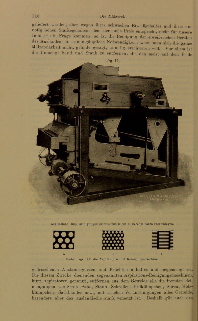 geliefert werden, aber wegen ihres schwachen Eiweißgehaltes und ihres un- nötig hohen Stärkegehaltes, dem der hohe Preis entspricht, nicht für unsere Industrie in Frage kommen, so ist die Reinigung der eiweißreichen Gersten des Auslandes eine unumgängliche Notwendigkeit, wenn man sich die ganze Mälzereiarbeit nicht, gelinde gesagt, unnötig erschweren will. Vor allem ist die Unmenge Sand und Staub zu entfernen, die den meist auf dem Felde . Fig. 15. Aspirations- und Reinigungsmaschiiie mit leicht auswechselbaren Siebeinlagen. a b c Siebeinlagen für die Aspirations- und Reinigungsmaschine. gedroschenen Auslandsgersten und Früchten anhaftet und beigemengt ist. Die diesem Zwecke dienenden sogenannten Aspirations-ßeinigungsmaschinen, kurz Aspiratoren genannt, entfernen aus dem Getreide alle die fremden Bei- . mengungen wie Stroh, Sand, Staub, Schrollen, Erdklümpchen, Spreu, Holz- klümpchen, Sackbänder usw., mit welchen Verunreinigungen alles Getreide, besonders aber das ausländische stark versetzt ist. Deshalb gilt auch das