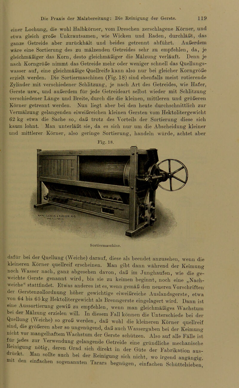 einer Lochung, die wohl Halbkörner, vom Dreschen zerschlagene Körner, und etwa gleich große Unkrautsamen, wie Wicken und Raden, durchläßt, das ganze Getreide aber zurückhält und beides getrennt abführt. Außerdem wäre eine Sortierung des zu mälzenden Getreides sehr zu empfehlen, da, je gleichmäßiger das Korn, desto gleichmäßiger die Mälzung verläuft. Denn je nach Korngröße nimmt das Getreide mehr oder weniger schnell das Quellungs- wasser auf, eine gleichmäßige Quellreife kann also nur bei gleicher Korngröße erzielt werden. Die Sortiermaschinen (Fig. 18) sind ebenfalls meist rotierende Zylinder mit verschiedener Schlitzung, je nach Art des Getreides, wie Hafer, Gerste usw., und außerdem für jede Getreideart selbst wieder mit Schlitzung verschiedener Länge und Breite, durch die die kleinen, mittleren und größeren Körner getrennt werden. Nun liegt aber bei den heute durchschnittlich zur Vermälzung gelangenden eiweißi’eichen kleinen Gersten vom Hektolitergewicht 62 kg etwa die Sache so, daß trotz des Vorteils der Sortierung diese sich kaum lohnt. Man unterläßt sie, da es sich nur um die Abscheidung kleiner und mittlerer Körner, also geringe Sortierung, handeln würde, achtet aber Sortiermaschine. dafür bei der Quellung (Weiche) darauf, diese als beendet anzusehen, wenn die kleineren Körner quellreif erscheinen. Man gibt dann während der Keimung noch Wasser nach, ganz abgesehen davon, daß im Junghaufen, wie die ge- weichte Gerste genannt wird, bis sie zu keimen beginnt, noch eine „Nach- weiche“ stattfindet. Etwas anderes ist es, wenn gemäß den neueren Vorschriften der Gerstenzollordnung höher gewichtige eiweißreiche Auslandsgerste, etwa von kis 6° kg Hektolitergewicht als Brenngerste eingelagert wird. Dann ist eine Aussortierung gewiß zu empfehlen, wenn man gleichmäßiges Wachstum bei der Mälzung erzielen will. In diesem Fall können die Unterschiede bei der Quellung (Weiche) so groß werden, daß wohl die kleineren Körner quellreif sind, die größeren aber so ungenügend, daß auch Wassergaben bei der Keimung nicht vor mangelhaftem Wachstum der Gerste schützen. Also auf alle Fälle ist für jedes zui Verwendung gelangende Getreide eine gründliche mechanische Reinigung nötig, deren Grad sich direkt in der Güte der Fabrikation aus- mc t. Man sollte auch bei der Reinigung sich nicht, wo irgend angängig. 1 Cen einfachen sogenannten Tarars begnügen, einfachen Schüttelsieben,