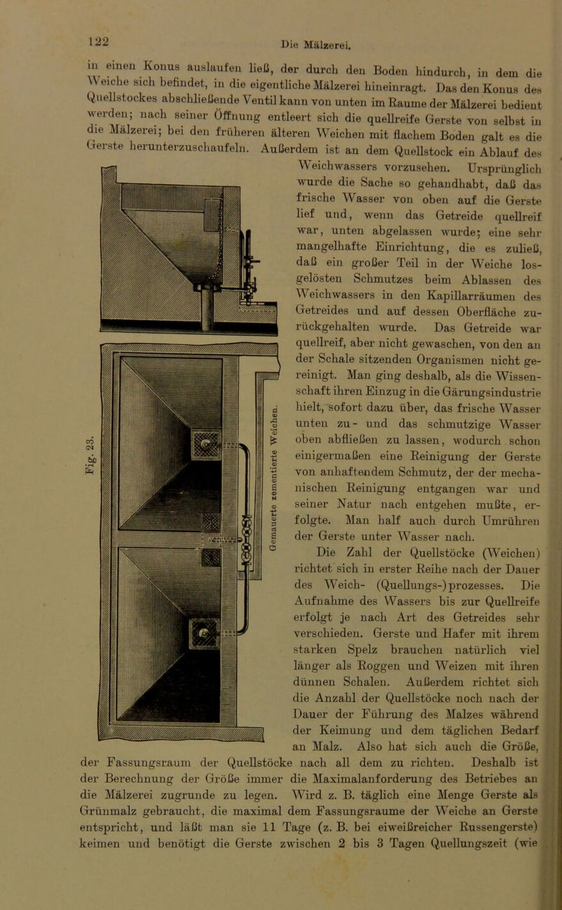 m einen Konus auslaufen ließ, der durch den Boden hindurch, in dem die ^ eiche sich befindet, in die eigentliche Mälzerei hineinragt. Das den Konus des Quellstockes abschließende Ventil kann von unten im Raume der Mälzerei bedient werden; nach seiner Öffnung entleert sich die quellreife Gerste von selbst in die Mälzerei; bei den früheren älteren Weichen mit flachem Boden galt es die Gerste herunterzuschaufeln. Außerdem ist an dem Quellstock ein Ablauf des W eichwassers vorzusehen. Ursprünglich wurde die Sache so gehandhabt, daß das frische Wasser von oben auf die Gerste lief und, wenn das Getreide quellreif war, unten abgelassen wurde; eine sehl- mangelhafte Einrichtung, die es zuließ, daß ein großer Teil in der Weiche los- gelösten Schmutzes beim Ablassen des Weichwassers in den Kapillarräumen des Getreides und auf dessen Oberfläche zu- rückgehalten wurde. Das Getreide war quellreif, aber nicht gewaschen, von den an der Schale sitzenden Organismen nicht ge- reinigt. Man ging deshalb, als die Wissen- schaft ihren Einzug in die Gärungsindustrie hielt, sofort dazu über, das frische Wasser unten zu- und das schmutzige Wasser oben abfließen zu lassen, wodurch schon einigermaßen eine Reinigung der Gerste von anhaftendem Schmutz, der der mecha- nischen Reinigung entgangen war und seiner Natur nach entgehen mußte, er- folgte. Man half aucli durch Umrühren der Gerste unter Wasser nach. Die Zahl der Quellstöcke (Weichen) richtet sich in erster Reihe nach der Dauer des Weich- (Quellungs-) prozesses. Die Aufnahme des Wassers bis zur Quellreife erfolgt je nach Art des Getreides sehr verschieden. Gerste und Hafer mit ihrem starken Spelz brauchen natürlich viel länger als Roggen und Weizen mit ihren dünnen Schalen. Außerdem x-ichtet sich die Anzahl der Quellstöcke noch nach der Dauer der Führung des Malzes während der Keimung und dem täglichen Bedai-f an Malz. Also hat sich auch die Größe, der Fassungsraum der Quellstöcke nach all dem zu richten. Deshalb ist der Berechnung der Größe immer die Maximalanforderang des Betx'iebes an die Mälzerei zugrunde zu legen. Wird z. B. täglich eine Menge Gerste als Grünmalz gebraucht, die maximal dem Fassungsraume der Weiche an Gerste entspi’icht, und läßt man sie 11 Tage (z. B. bei eiweißreicher Russengerste) keimen und benötigt die Gerste zwischen 2 bis 3 Tagen Quellungszeit (wie