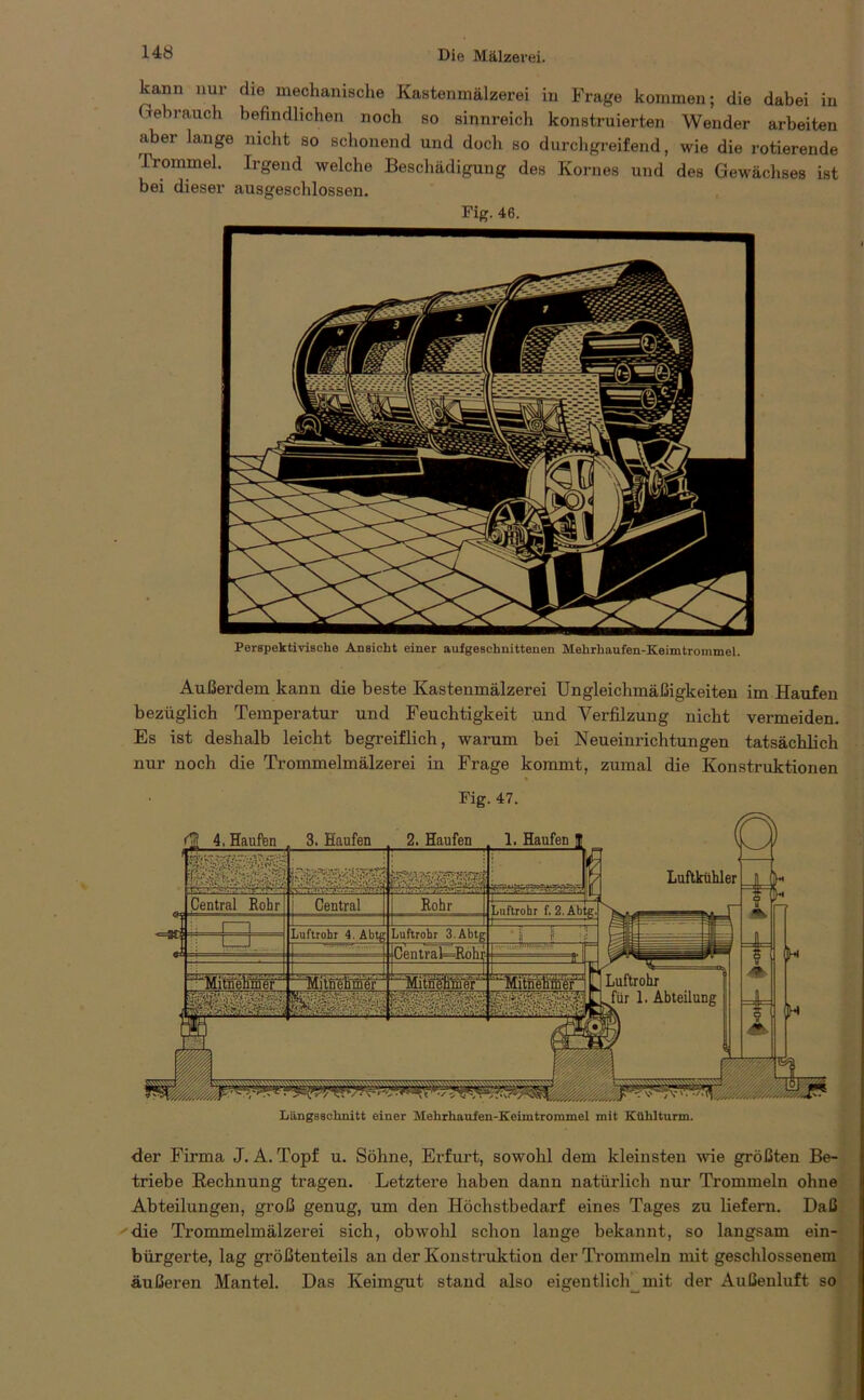 kann nur die mechanische Kastenmälzerei in Frage kommen; die dabei in Gebrauch befindlichen noch so sinnreich konstruierten Wender arbeiten aber lange nicht so schonend und doch so durchgreifend, wie die rotierende Trommel. Irgend welche Beschädigung des Kornes und des Gewächses ist bei dieser ausgeschlossen. Perspektivische Ansicht einer aufgeschnittenen Mehrhaufen-Keimtrommel. Fig. 46. Außerdem kann die beste Kastenmälzerei Ungleichmäßigkeiten im Haufen bezüglich Temperatur und Feuchtigkeit und Verfilzung nicht vermeiden. Es ist deshalb leicht begreiflich, warum bei Neueinrichtungen tatsächlich nur noch die Trommelmälzerei in Frage kommt, zumal die Konstruktionen Fig. 47. der Firma J. A. Topf u. Söhne, Erfurt, sowohl dem kleinsten wie größten Be- triebe Rechnung tragen. Letztere haben dann natürlich nur Trommeln ohne Abteilungen, groß genug, um den Höchstbedarf eines Tages zu liefern. Daß die Trommelmälzerei sich, obwohl schon lange bekannt, so langsam ein- bürgerte, lag größtenteils an der Konstruktion der Trommeln mit geschlossenem äußeren Mantel. Das Keimgut stand also eigentlich mit der Außenluft so