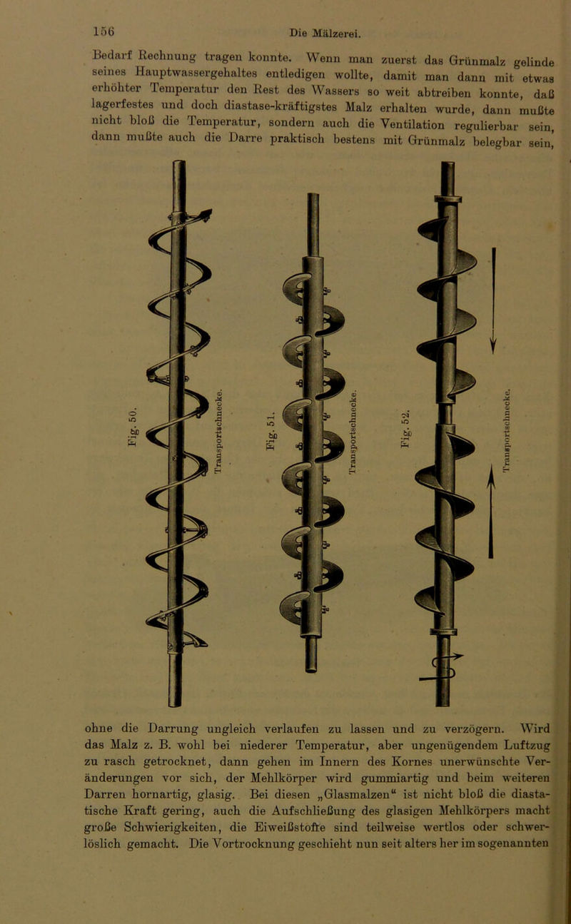 Bedarf Rechnung tragen konnte. Wenn man zuerst das Grünmalz gelinde seines Hauptwassergehaltes entledigen wollte, damit man dann mit etwas erhöhter Temperatur den Rest des Wassers so weit abtreiben konnte, daß lagei festes und doch diastase-kräftigstes Malz ei'halten wurde, dann mußte nicht bloß die Temperatur, sondern auch die Ventilation regulierbar sein, dann mußte auch die Darre praktisch bestens mit Grünmalz belegbar sein’ ohne die Darrung ungleich verlaufen zu lassen und zu verzögern. Wird das Malz z. B. wohl bei niederer Temperatur, aber ungenügendem Luftzug zu rasch getrocknet, dann gehen im Innern des Kornes unerwünschte Ver- änderungen vor sich, der Mehlkörper wird gummiartig und beim weiteren Darren hornartig, glasig. Bei diesen „Glasmalzen“ ist nicht bloß die diasta- tische Kraft gering, auch die Auf Schließung des glasigen Mehlkörpers macht große Schwierigkeiten, die Eiweißstofte sind teilweise wertlos oder schwer- löslich gemacht. Die Vortrocknung geschieht nun seit alters her im sogenannten