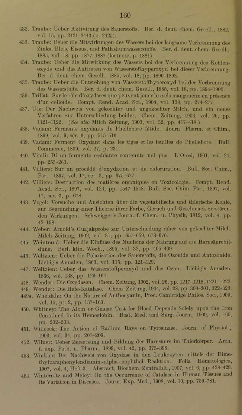 432. Traube: Ueber Aktivirung des Sauerstoffs. Ber. d. deut. chem. Gesell., 1882, vol. 15, pp. 2421-2443 (p. 2425). 433. Traube: Ueber die Mitwirkungen des Wassers bei der langsame Verbrennung des Zinks, Bleis, Eisens, und Palladiumwasserstoffs. Ber. d. deut. chem. Gesell., 1885, vol. 18, pp. 1877-1887 (footnote, p. 1881). 434. Traube: Ueber die Mitwirkung des Wassers bei der Verbrennung des Kohlen- oxyds und das Auftreten von Wasserstoffhyperoxyd bei dieser Verbrennung. Ber. d. deut. chem. Gesell., 1885, vol. 18, pp. 1890-1893. 435. Traube: Ueber die Entstehung von Wasserstoffhyperoxyd bei der Verbrennung des Wasserstoffs. Ber. d. deut. chem. Gesell., 1885, vol. 18, pp. 1894-1900. 436. Trillat: Sur le role d’oxydases que peuvent jouer les sels manganeux en presence d’un colloi'de. Compt. Rend. Acad. Sci., 1904, vol. 138, pp. 274-277. 437. Utz: Der Nachweis von gekochter und ungekochter Milch, und ein neues Vetfahren zur Unterschiedung beider. Chem. Zeitung, 1906, vol. 26, pp. 1121-1122. (See also Milch Zeitung, 1903, vol. 32, pp. 417^18.) 438. Vadam: Ferments oxydants de l’hellebore fetide. Journ. Pharm. et Chim., 1899, vol. 9, s<$r. 6, pp. 515-516. 439. Vadam: Ferment Oxydant dans les tiges et les feuilles de l’hellebore. Bull. Commerce, 1899, vol. 27, p. 231. 440. Vitali: Di un fermento ossidante contenuto nel pus. L’Orosi, 1901, vol. 24, pp. 253-263. 441. Villiers: Sur un procedd d’oxydation et de chloruration. Bull. Soc. Chim., Par. 1897, vol. 17, ser. 3, pp. 675-677. 442. Villiers: Destruction des inatieres organiques en Toxicologie. Compt. Rend. Acad. Sci., 1897, vol. 124, pp. 1547-1548; Bull. Soc. Chim. Par., 1897, vol. 17, ser. 3, p. 678. 443. Vogel: Versuche und Ansichten liber die vegetabilische und thierische Kohle, zur Begrundung einer Theorie ihrer Farbe, Geruch und Geschmack zerstoren- den Wirkungen. Schweigger’s Joum. f. Chem. u. Physik, 1812, vol. 4, pp. 42-108. 444. Weber: Arnold’s Guajakprobe zur Unterschiedung roher von gekochter Milch. Milch Zeitung, 1902, vol. 31, pp. 657-659, 673-676. 445. Weintraud: Ueber die Einfluss des Nucleins der Nahrung auf die Harnsaurebil- dung. Berl. klin. Woch., 1895, vol. 32, pp. 405-409. 446. Weltzien: Ueber die Polarisation des Sauerstoffs, die Ozonide und Antozonide. Liebig’s Annalen, 1860, vol. 115, pp. 121-129. 447. Weltzien: Ueber das Wasserstoffperoxyd und das Ozon. Liebig’s Annalen, 1866, vol. 138,'pp. 129-164. 448. Wender: Die Oxydasen. Chem. Zeitung, 1902, vol. 26, pp. 1217-1218,1221-1222. 449. Wender: Die Hefe-Katalase. Chem. Zeitung, 1904, vol. 28, pp. 300-301, 322-323. 449a. Wheldale: On the Nature of Anthocyanin, Proc. Cambridge Philos. Soc., 1909, vol. 15, pt. 2, pp. 137-163. 450. Whitney: The Aloin or Guaiac Test for Blood Depends Solely upon the Iron Contained in its Hemoglobin. Bost. Med. and Surg. Journ., 1909, vol. 160, pp. 202-203. 451. Willcock: The Action of Radium Rays on Tyrosinase. Journ. of Physiol., 1906, vol. 34, pp. 207-209. 452. Wilner: Ueber Zersetzung und Bildung der Hamsaure im Thierkorper. Arch. f. exp. Path. u. Pharm., 1899, vol. 42, pp. 373-398. 453. Winkler: Der Nachweis von Oxydase in den Leukozyten mittels der Dime- thylparaphenylendiamin - alpha - naphthol - Reaktion. Folia Hematologica, 1907, vol. 4, Heft 3. Abstract, Biochem. Zcntralblt., 1907, vol. 6, pp. 428-429. 454. Winternitz and Meloy: On the Occurrence of Catalase in Human Tissues and its Variation in Diseases. Journ. Exp. Med., 1908, vol. 10, pp. 759-781.