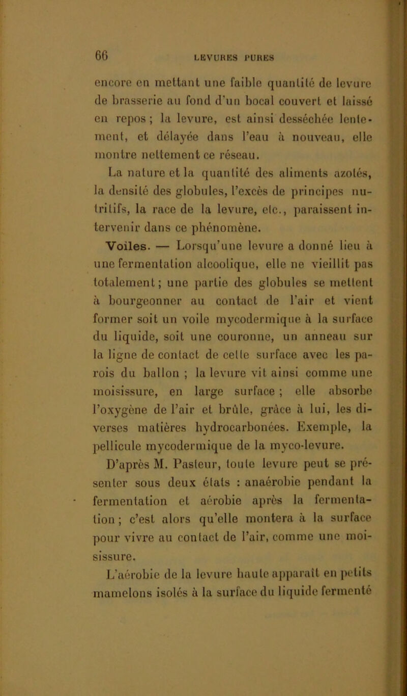 encore en mettant une faible quantité de levure de brasserie au fond d'un bocal couvert et laissé en repos; la levure, est ainsi desséchée lente- ment, et délayée dans l’eau à nouveau, elle montre nettement ce réseau. La nature et la quantité des aliments azotés, la densité des globules, l’excès de principes nu- tritifs, la race de la levure, elc., paraissent in- tervenir dans ce phénomène. Voiles. — Lorsqu’une levure a donné lieu à une fermentation alcoolique, elle ne vieillit pas totalement; une partie des globules se mettent à bourgeonner au contact de l’air et vient former soit un voile mycodermique à la surface du liquide, soit une couronne, un anneau sur la ligne de contact de celle surface avec les pa- rois du ballon ; la levure vit ainsi comme une moisissure, en large surface ; elle absorbe l’oxygène de l’air et brûle, grâce à lui, les di- verses matières hydrocarbonées. Exemple, la pellicule mycodermique de la myco-levure. D’après M. Pasteur, toute levure peut se pré- senter sous deux élals : anaérobie pendant la fermentation et aérobie après la fermenta- tion ; c’est alors qu’elle montera à la surface pour vivre au contact de l’air, comme une moi- sissure. L’aérobie de la levure haute apparaît en petits mamelons isolés à la surface du liquide fermenté