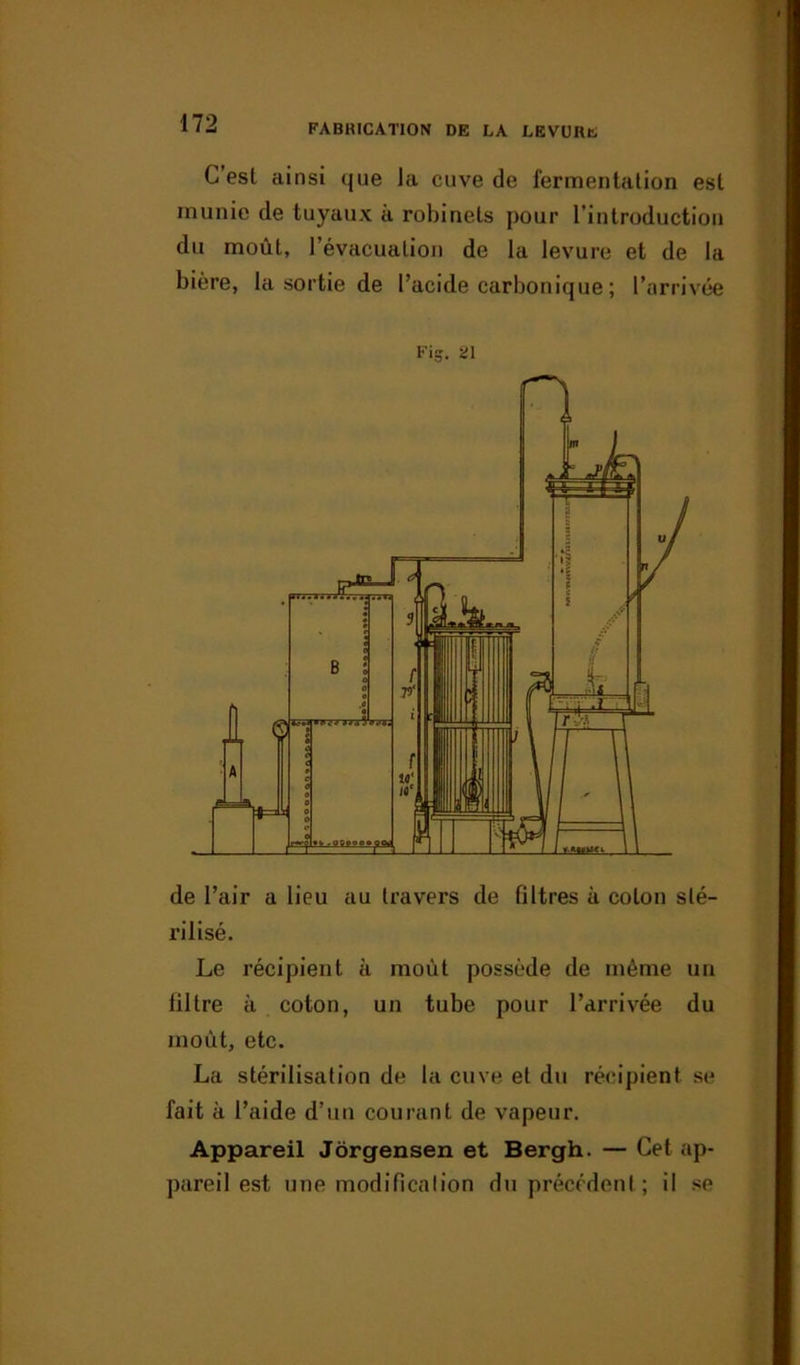 C esl ainsi que la cuve de fermentation est munie de tuyaux a robinets pour l'introduction du moût, l’évacuation de la levure et de la bière, la sortie de l’acide carbonique ; l’arrivée Fig. ai de l’air a lieu au travers de filtres à colon sté- rilisé. Le récipient à moût possède de même un filtre à coton, un tube pour l’arrivée du moût, etc. La stérilisation de la cuve et du récipient se fait à l’aide d’un courant de vapeur. Appareil Jorgensen et Bergh. — Cet ap- pareil est une modification du précédent ; il se