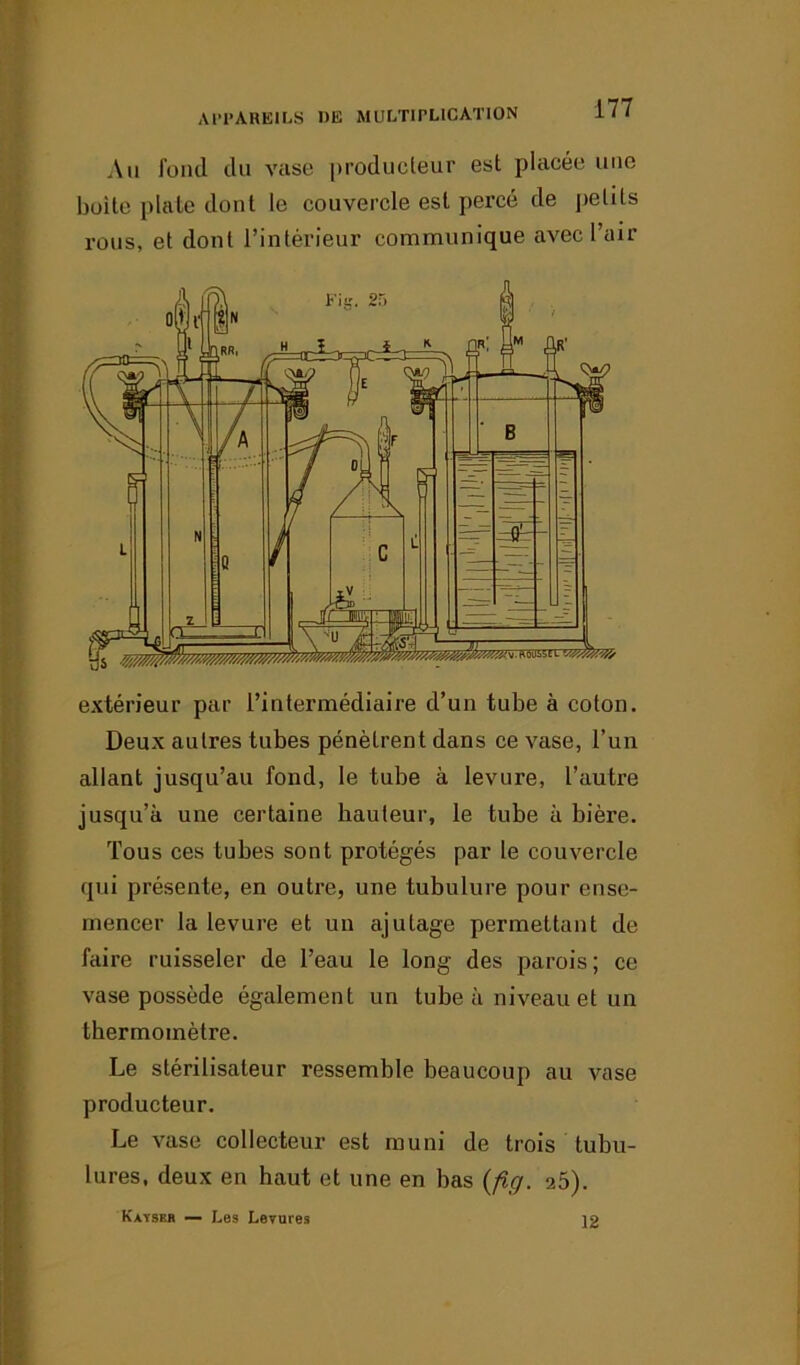 „\u fond du vase producteur est placée une boite plate dont le couvercle est percé de petits tous, et dont l’intérieur communique avec l’air extérieur par l’intermédiaire d’un tube à coton. Deux autres tubes pénètrent dans ce vase, l’un allant jusqu’au fond, le tube à levure, l’autre jusqu’à une certaine hauteur, le tube à bière. Tous ces tubes sont protégés par le couvercle qui présente, en outre, une tubulure pour ense- mencer la levure et un ajutage permettant de faire ruisseler de l’eau le long des parois ; ce vase possède également un tube à niveau et un thermomètre. Le stérilisateur ressemble beaucoup au vase producteur. Le vase collecteur est muni de trois tubu- lures, deux en haut et une en bas (fig. 26). Kàyser — Les Levures 12