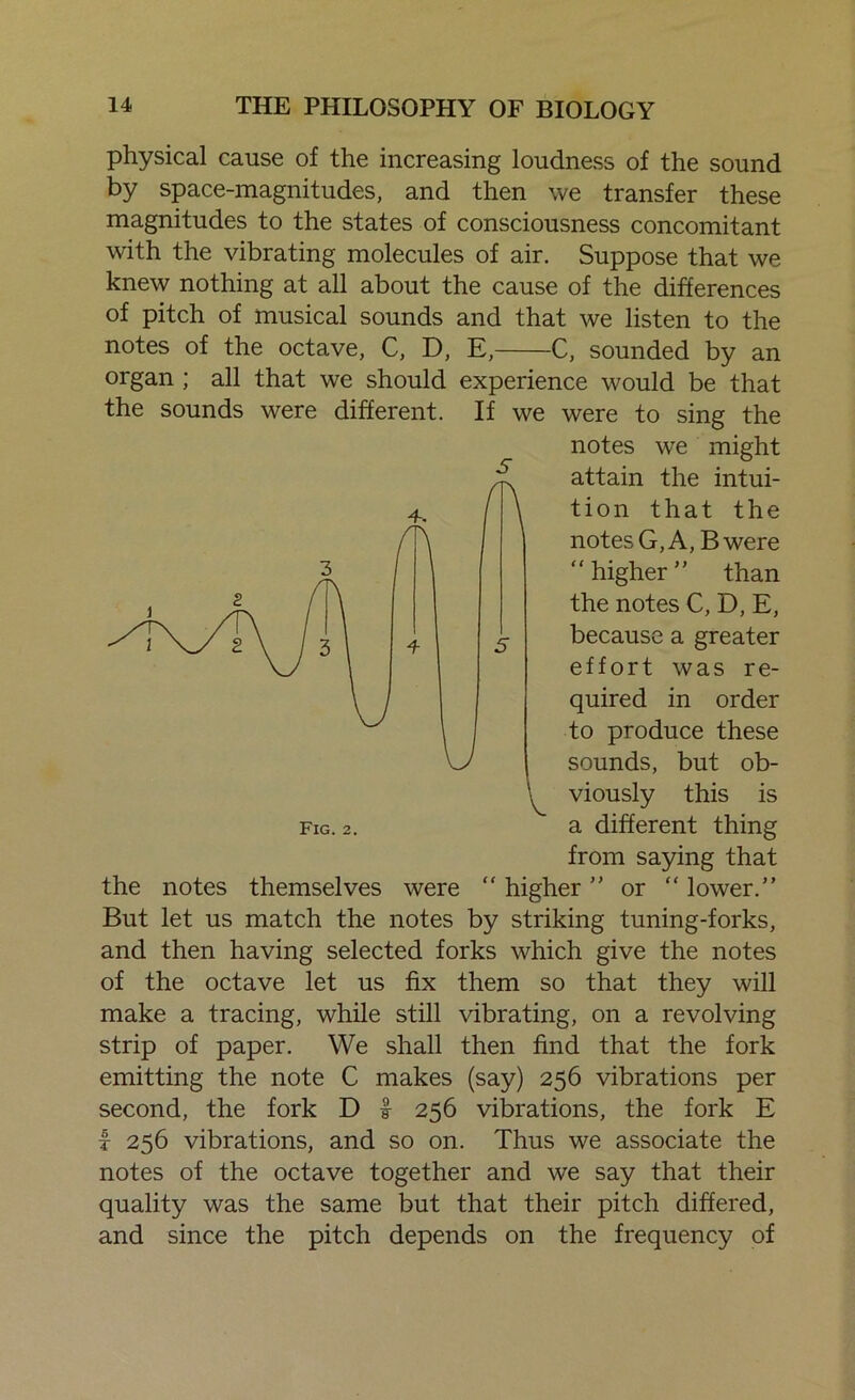 physical cause of the increasing loudness of the sound by space-magnitudes, and then we transfer these magnitudes to the states of consciousness concomitant with the vibrating molecules of air. Suppose that we knew nothing at all about the cause of the differences of pitch of musical sounds and that we listen to the notes of the octave, C, D, E, C, sounded by an organ ; all that we should experience would be that the sounds were different. If we were to sing the the notes themselves were “ higher ” or “ lower.” But let us match the notes by striking tuning-forks, and then having selected forks which give the notes of the octave let us fix them so that they will make a tracing, while still vibrating, on a revolving strip of paper. We shall then find that the fork emitting the note C makes (say) 256 vibrations per second, the fork D w 256 vibrations, the fork E f 256 vibrations, and so on. Thus we associate the notes of the octave together and we say that their quality was the same but that their pitch differed, and since the pitch depends on the frequency of notes we might attain the intui- tion that the notes G, A, B were “higher” than the notes C, D, E, because a greater effort was re- quired in order to produce these sounds, but ob- Fig. 2. viously this is a different thing from saying that