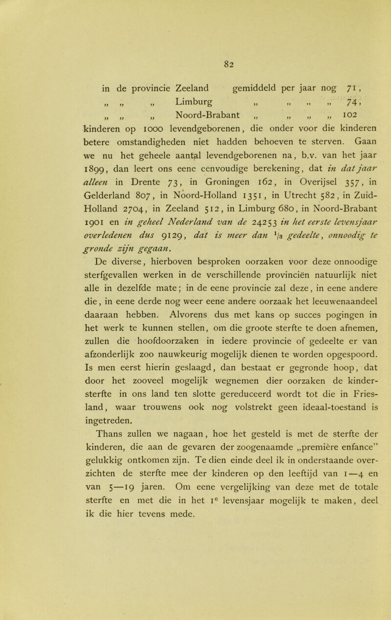 in de provincie Zeeland gemiddeld per jaar nog 71 , „ „ „ Limburg „ „ „ „ 74, „ „ „ Noord-Brabant „ „ „ „ 102 kinderen op 1000 levendgeborenen, die onder voor die kinderen betere omstandigheden niet hadden behoeven te sterven. Gaan we nu het geheele aantal levendgeborenen na, b.v. van het jaar 1899, dan leert ons eene eenvoudige berekening, dat in dat jaar alleen in Drente 73, in Groningen 162, in Overijsel 357, in Gelderland 807, in Noord-Holland 1351, in Utrecht 582, in Zuid- Holland 2704, in Zeeland 512, in Limburg 680, in Noord-Brabant 1901 en in geheel Nederland van de 24253 in het eerste levensjaar overledenen dus 9129, dat is meer dan J/3 gedeelte, onnoodig te gronde zij71 gegaa7i. De diverse, hierboven besproken oorzaken voor deze onnoodige sterfgevallen werken in de verschillende provinciën natuurlijk niet alle in dezelfde mate; in de eene provincie zal deze, in eene andere die, in eene derde nog weer eene andere oorzaak het leeuwenaandeel daaraan hebben. Alvorens dus met kans op succes pogingen in het werk te kunnen stellen, om die groote sterfte te doen afnemen, zullen die hoofdoorzaken in iedere provincie of gedeelte er van afzonderlijk zoo nauwkeurig mogelijk dienen te worden opgespoord. Is men eerst hierin geslaagd, dan bestaat er gegronde hoop, dat door het zooveel mogelijk wegnemen dier oorzaken de kinder- sterfte in ons land ten slotte gereduceerd wordt tot die in Fries- land , waar trouwens ook nog volstrekt geen ideaal-toestand is ingetreden. Thans zullen we nagaan, hoe het gesteld is met de sterfte der kinderen, die aan de gevaren der zoogenaamde „première enfance” gelukkig ontkomen zijn. Te dien einde deel ik in onderstaande over- zichten de sterfte mee der kinderen op den leeftijd van 1—4 en van 5 —19 jaren. Om eene vergelijking van deze met de totale sterfte en met die in het ie levensjaar mogelijk te maken, deel ik die hier tevens mede.