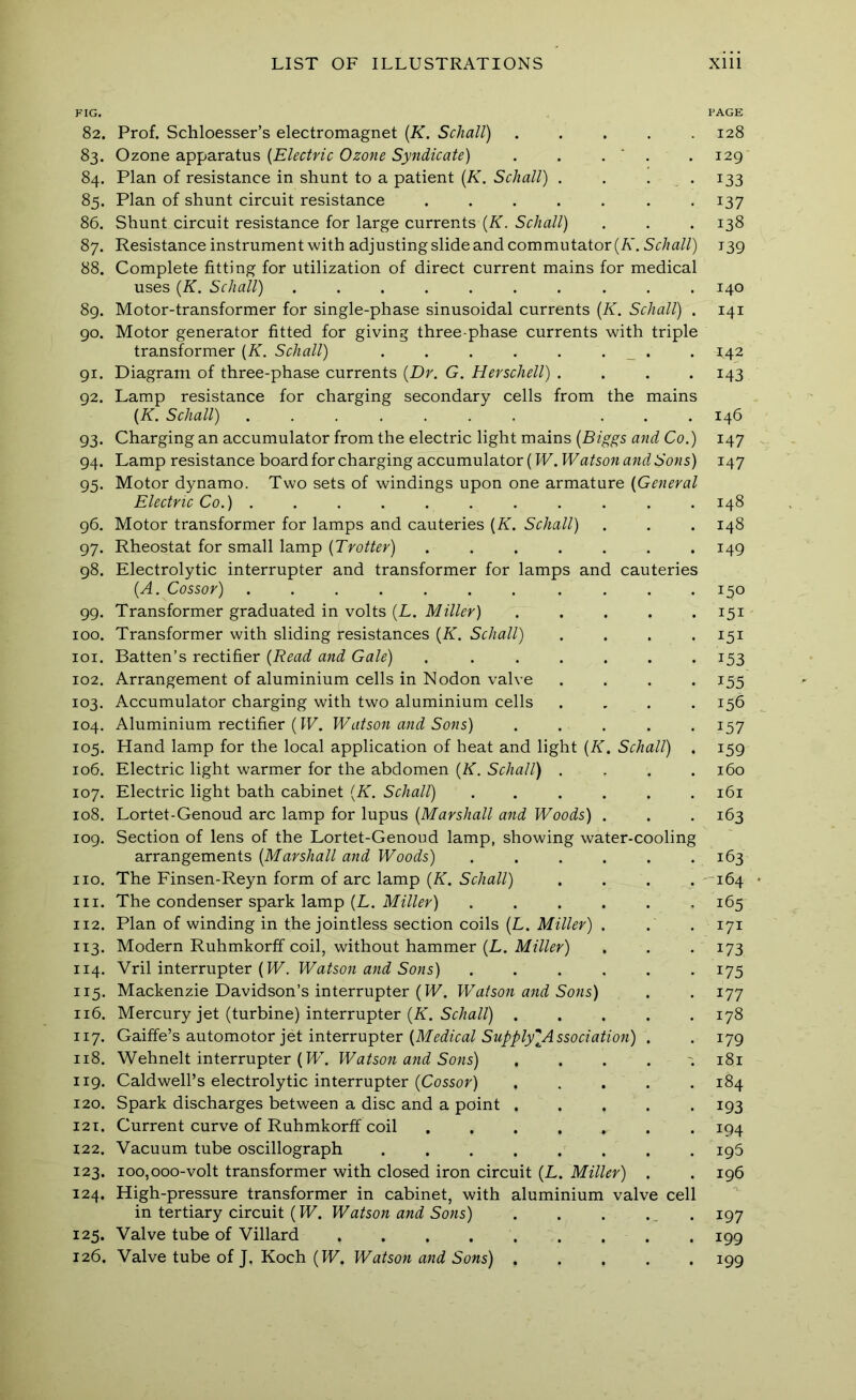 FIG. 82. Prof. Schloesser’s electromagnet [K. Schall) ..... 83. Ozone apparatus {Electric Ozone Syndicate) . . . ‘ . 84. Plan of resistance in shunt to a patient {K. Schall) . . . . 85. Plan of shunt circuit resistance ....... 86. Shunt circuit resistance for large currents {K. Schall) 87. Resistance instrument with adjusting slide and commutator (A’. Schall) 88. Complete fitting for utilization of direct current mains for medical uses {K. Schall) 89. Motor-transformer for single-phase sinusoidal currents {K. Schall) . go. Motor generator fitted for giving three-phase currents with triple transformer {K. Schall) . . . . . . _ . 91. Diagram of three-phase currents {Dr. G. Herschell) .... 92. Lamp resistance for charging secondary cells from the mains {K, Schall) ... 93. Charging an accumulator from the electric light mains {Biggs and Co.) 94. Lamp resistance board for charging accumulator (IF. Watson and Sons) 95. Motor dynamo. Two sets of windings upon one armature {General Electric Co.) ........... 96. Motor transformer for lamps and cauteries {K. Schall) 97. Rheostat for small lamp {Trotter) ....... 98. Electrolytic interrupter and transformer for lamps and cauteries {A. Cossor) ........... 99. Transformer graduated in volts (L. Miller) ..... 100. Transformer with sliding resistances {K. Schall) .... 101. Batten’s rectifier {Read and Gale) , ...... 102. Arrangement of aluminium cells in Nodon valve .... 103. Accumulator charging with two aluminium cells .... 104. Aluminium rectifier (IF. Watson and Sons) . ... . 105. Hand lamp for the local application of heat and light {K, Schall) . 106. Electric light warmer for the abdomen {K. Schall) .... 107. Electric light bath cabinet {K. Schall) 108. Lortet-Genoud arc lamp for lupus {Marshall and Woods) . log. Section of lens of the Lortet-Genoud lamp, showing water-cooling arrangements {Marshall and Woods) no. The Einsen-Reyn form of arc lamp {K. Schall) .... 111. The condenser spark lamp (L. Mz'/Af) ...... 112. Plan of winding in the jointless section coils (L. . 113. Modern Ruhmkorff coil, without hammer (L. Miller) 114. Vril interrupter (IF. Watson and Sons) ...... 115. Mackenzie Davidson’s interrupter (IE. Watson and Sons) 116. Mercury jet (turbine) interrupter (A”. . . . . . 117. GbxKC’s diUiomoior ]ei {Medical SupplylAssociation) . 118. Wehnelt interrupter (Ii>. Watson and Sons) 119. Caldwell’s electrolytic interrupter {Cossor) ..... 120. Spark discharges between a disc and a point ..... 121. Current curve of Ruhmkorff coil ....... 122. Vacuum tube oscillograph 123. ioo,ooo-volt transformer with closed iron circuit (L. Miller) . 124. High-pressure transformer in cabinet, with aluminium valve cell in tertiary circuit (IF. Watson and Sons) . . . ., . 125. Valve tube of Villard 126. Valve tube of J, Koch (IF. Watson and Sons) PAGE 128 129 133 137 138 J39 140 141 142 143 146 147 147 148 148 149 150 151 153 155 156 157 159 160 161 163 163 ^164 165 171 173 175 177 178 179 181 184 193 194 195 196 197 199 199