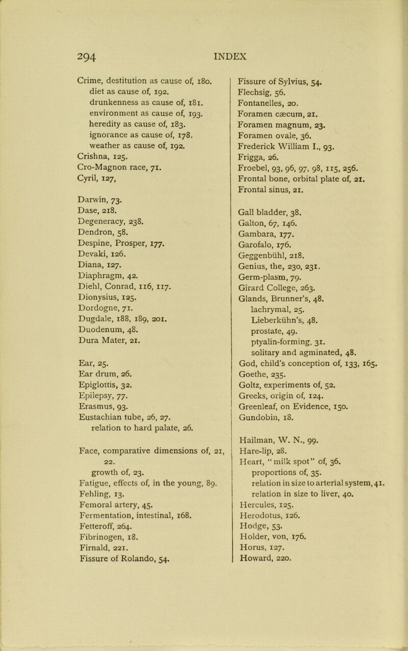 Crime, destitution as cause of, 180. diet as cause of, 192. drunkenness as cause of, 181. environment as cause of, 193. heredity as cause of, 183. ignorance as cause of, 178. weather as cause of, 192. Crishna, 125. Cro-Magnon race, 71. Cyril, 127, Darwin, 73. Dase, 218. Degeneracy, 238. Dendron, 58. Despine, Prosper, 177. Devaki, 126. Diana, 127. Diaphragm, 42. Diehl, Conrad, 116, 117. Dionysius, 125. Dordogne, 71. Dugdale, 188, 189, 201. Duodenum, 48. Dura Mater, 21. Ear, 25. Ear drum, 26. Epiglottis, 32. Epilepsy, 77. Erasmus, 93. Eustachian tube, 26, 27. relation to hard palate, 26. Face, comparative dimensions of, 21, 22. growth of, 23. Fatigue, effects of, in the young, 89. Fehling, 13. Femoral artery, 45. Fermentation, intestinal, 168. Fetteroff, 264. Fibrinogen, 18. Firnald, 221. Fissure of Rolando, 54. Fissure of Sylvius, 54. Flechsig, 56. Fontanelles, 20. Foramen caecum, 21. Foramen magnum, 23. Foramen ovale, 36. Frederick William I., 93. Frigga, 26. Froebel, 93, 96, 97, 98, 115, 256. Frontal bone, orbital plate of, 21. Frontal sinus, 21. Gall bladder, 38. Galton, 67, 146. Gambara, 177. Garofalo, 176. Geggenbiihl, 218. Genius, the, 230, 231. Germ-plasm, 79. Girard College, 263. Glands, Brunner’s, 48. lachrymal, 25. Lieberkiihn’s, 48. prostate, 49. ptyalin-forming, 31. solitary and agminated, 48. God, child’s conception of, 133, 165. Goethe, 235. Goltz, experiments of, 52. Greeks, origin of, 124. Greenleaf, on Evidence, 150. Gundobin, 18. Hailman, W. N., 99. Hare-lip, 28. Heart, “milk spot” of, 36. proportions of, 35. relation in size to arterial system, 41. relation in size to liver, 40. Hercules, 125. Herodotus, 126. Hodge, 53. Holder, von, 176. Horus, 127. Howard, 220.