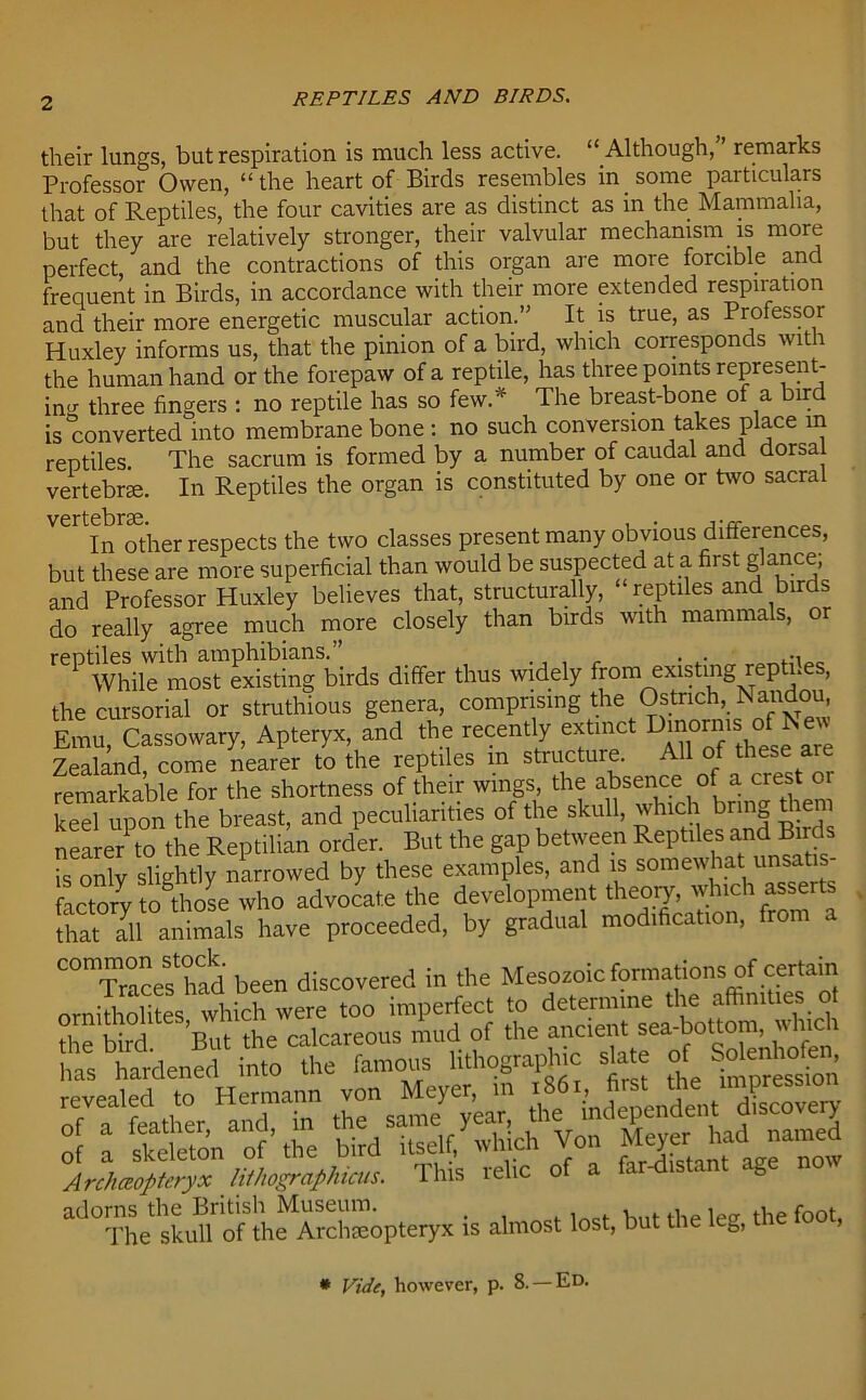 their lungs, but respiration is much less active. “ Although,” remarks Professor Owen, “the heart of Birds resembles in some particulars that of Reptiles, the four cavities are as distinct as in the Mammalia, but they are relatively stronger, their valvular mechanism is more perfect, and the contractions of this organ are more forcible and frequent in Birds, in accordance with their more extended respiration and their more energetic muscular action.” It is true, as Professor Huxley informs us, that the pinion of a bird, which corresponds with the human hand or the forepaw of a reptile, has three points represent- ing three fingers : no reptile has so few.* The breast-bone of a bird is Converted into membrane bone : no such conversion takes place m reptiles. The sacrum is formed by a number of caudal and dorsal vertebra;. In Reptiles the organ is constituted by one or two sacral vertebrae In other respects the two classes present many obvious differences, but these are more superficial than would be suspected at a first glance, and Professor Huxley believes that, structurally, “ reptiles and birds do really agree much more closely than birds with mammals, or reDtiles with amphibians.” . . While most existing birds differ thus widely from existing repti.es, the cursorial or struthious genera, comprising the Ostrich, Nandou, Emu, Cassowary, Apteryx, and the recently extinct Dmorms of New Zealand come nearer to the reptiles m structure. All of these are remarkable for the shortness of their wings the absence of a crest : or keel upon the breast, and peculiarities of the skull, which brm the 1 nearer1 to the Reptilkn order. But the gap between Reptiles and Birds is only slightly narrowed by these examples, and is somewhat unsatos factory o those who advocate the development theory, which asserts Aat Ml animals have proceeded, by gradual modification, from a “Traccsimd been discovered in die Mesozoic formations of certain ornitholites which were too imperfect to determine the affinities LoSrafh,a,s. This relic of a MM age now ^“'flh'shu'oilhe^cteopteryx is almost lost, but the leg, the foot, * Vide, however, p. 8. —Ed.