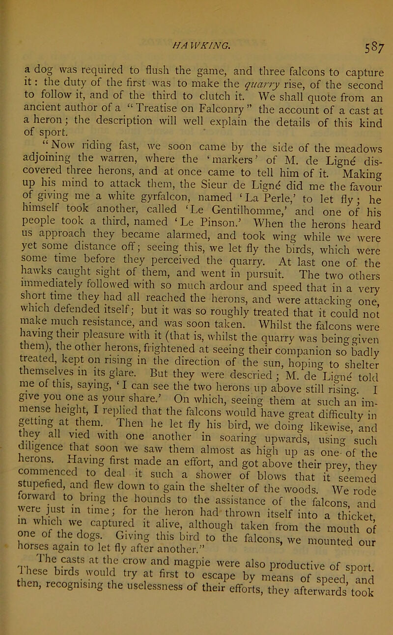 a dog was required to flush the game, and three falcons to capture it: the duty of the first was to make the quarry rise, of the second to follow it, and of the third to clutch it. We shall quote from an ancient author of a “Treatise on Falconry” the account of a cast at a heron; the description will well explain the details of this kind of sport. „ Now liding fast, we soon came by the side of the meadows adjoining the warren, where the ‘markers’ of M. de Ligne dis- covered three herons, and at once came to tell him of it. Making up his mind to attack them, the Sieur de Ligne did me the favour of giving me a white gyrfalcon, named ‘ La Perle,’ to let fly; he himself took another, called ‘Le Gentilhomme,’ and one of his people took a third, named ‘ Le Pinson.’ When the herons heard us approach they became alarmed, and took wing while we were yet some distance off; seeing this, we let fly the birds, which were some time before they perceived the quarry. At last one of the hawks caught sight of them, and went in pursuit. The two others immediately followed with so much ardour and speed that in a very shoit time they had all reached the herons, and were attacking one which defended itself; but it was so roughly treated that it could not make much resistance, and was soon taken. Whilst the falcons were having their pleasure with it (that is, whilst the quarry was being given them) the other herons, frightened at seeing their companion so badly treated kept on rising in the direction of the sun, hoping to shelter themselves in its glare. But they were descried ; M. de Limie told me of this, saying, ‘ I can see the two herons up above still nsin°\ I give you one as your share.’ On which, seeing them at such an im- mense height, I replied that the falcons would have great difficulty in getting at them. Then he let fly his bird, we doing likewise, and they all vied with one another in soaring upwards, using such diligence that soon we saw them almost as high up as one- of the herons. Having first made an effort, and got above their prey thev commenced to deal it such _ a shower of blows that it seemed stupefied, and flew down to gam the shelter of the woods. We rode torward to bring the hounds to the assistance of the falcons and were just in time; for the heron had thrown itself into a thicket in which we captured it alive, although taken from the mouth of one of the dogs Giving this bird to the falcons, we mounted our horses again to let fly after another.” Q 1 he casts at the crow and magpie were also productive of sport These birds would try at first to escape by means of speed and then, recognising the uselessness of their efforts, they afterwards took