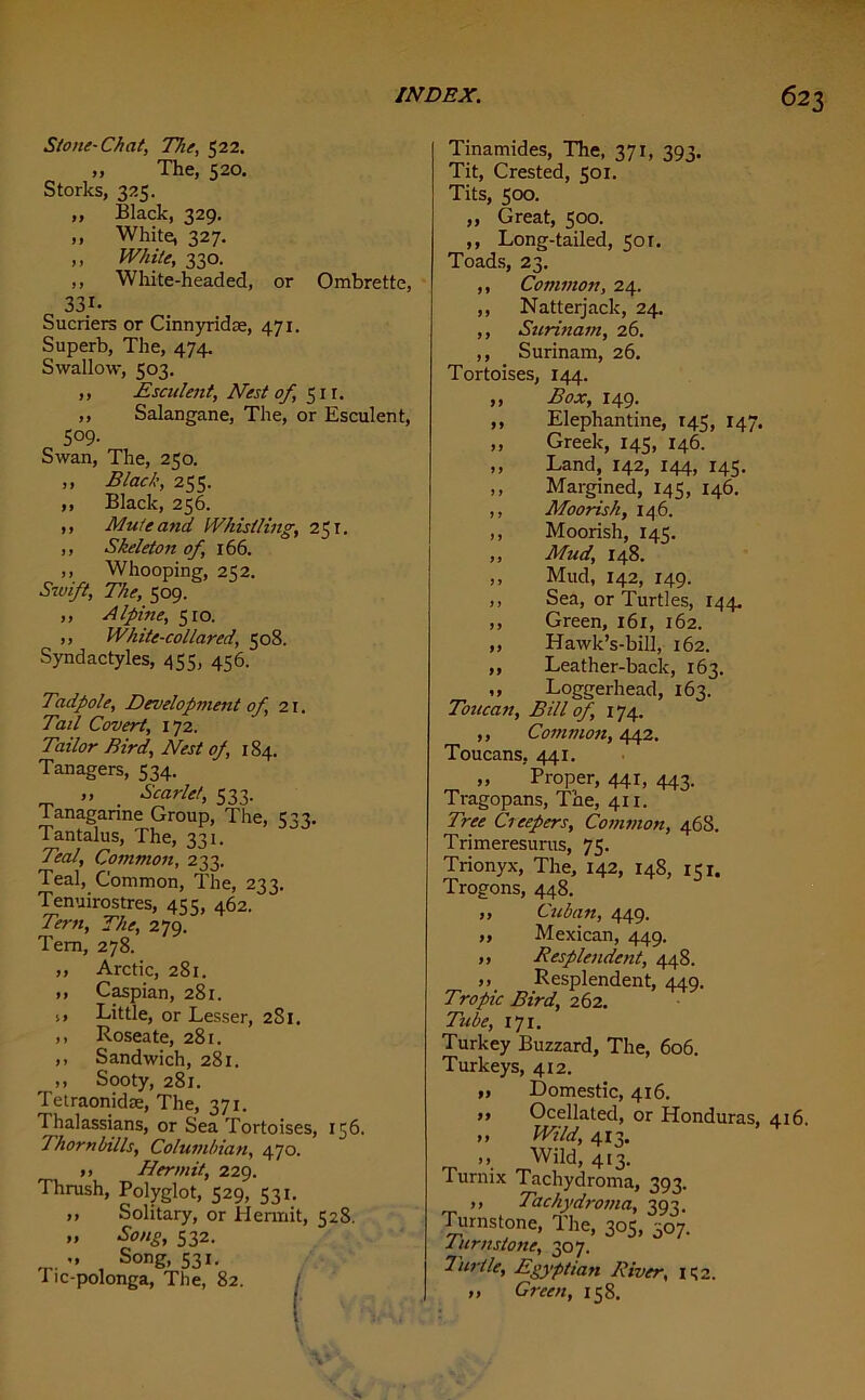 Stone-Chat, The, 522. ,, The, 520. Storks, 325. „ Black, 329. ,, White, 327. ,, While, 330. ,, White-headed, or Ombrette, 331- Sucriers or Cinnyridse, 471. Superb, The, 474. Swallow, 503. ,, Esculent, Nest of, 511. ,, Salangane, The, or Esculent, 509- Swan, The, 250. „ Black, 255. ,, Black, 256. ,, Mute and Whistling, 251. ,, Skeleton of, 166. ,, Whooping, 252. Swift, The, 509. ,, Alpine, 510. ,, White-collared, 508. Syndactyles, 455, 456. Tadpole, Development of, 21. Tail Covert, 172. Tailor Bird, Nest of, 184. Tanagers, 534. ,, Scarlet, 533. Tanagarine Group, The, C23. Tantalus, The, 331. Teal, Common, 233. Teal, Common, The, 233. Tenuirostres, 455, 462. Tern, The, 279. Tem, 278. » Arctic, 281. ,, Caspian, 281. ,, Little, or Lesser, 2S1. ,, Roseate, 281. ,, Sandwich, 281. ,, Sooty, 281. Tetraonidse, The, 371. Thalassians, or Sea Tortoises, 156. Thorn bills, Columbian, 470. >, Hermit, 229. Thrush, Polyglot, 529, 531. >1 Solitary, or Plennit, 528. „ Song, 532. „ Song, 53I. I ic-polonga, The, 82. Tinamides, The, 371, 393. Tit, Crested, 501. Tits, 500. ,, Great, 500. ,, Long-tailed, 50r. Toads, 23. ,, Common, 24. ,, Natterjack, 24. ,, Surinam, 26. ,, Surinam, 26. Tortoises, 144. ,, Box, 149. ,, Elephantine, 145, 147. ,, Greek, 145, 146. ,, Land, 142, 144, 145. ,, Margined, 145, 146. ,, Moorish, 146. ,, Moorish, 145. ,, Mud, 148. ,, Mud, 142, 149. ,, Sea, or Turtles, 144. ,, Green, 161, 162. ,, Hawk’s-bill, 162. ,, Leather-back, 163. ,, Loggerhead, 163. Toucan, Bill of, 174. ,, Common, 442. Toucans, 441. „ Proper, 441, 443. Tragopans, The, 411. Tree Creepers, Common, 468. Trimeresurus, 75. Trionyx, The, 142, 148, 151. Trogons, 448. ,, Cuban, 449. >, Mexican, 449. „ Resplendent, 448. ,, Resplendent, 449. Tropic Bird, 262. Tube, 171. Turkey Buzzard, The, 606. Turkeys, 412. » Domestic, 416. j> Ocellated, or Honduras, 416. >> Wild, 413. >> Wild, 413. Turnix Tachydroma, 393. ,, Tachydi-oma, 393. Turnstone, The, 305, 307. lurnston307. Turtle, Egyptian River, 1^2. ,, Green, 158.