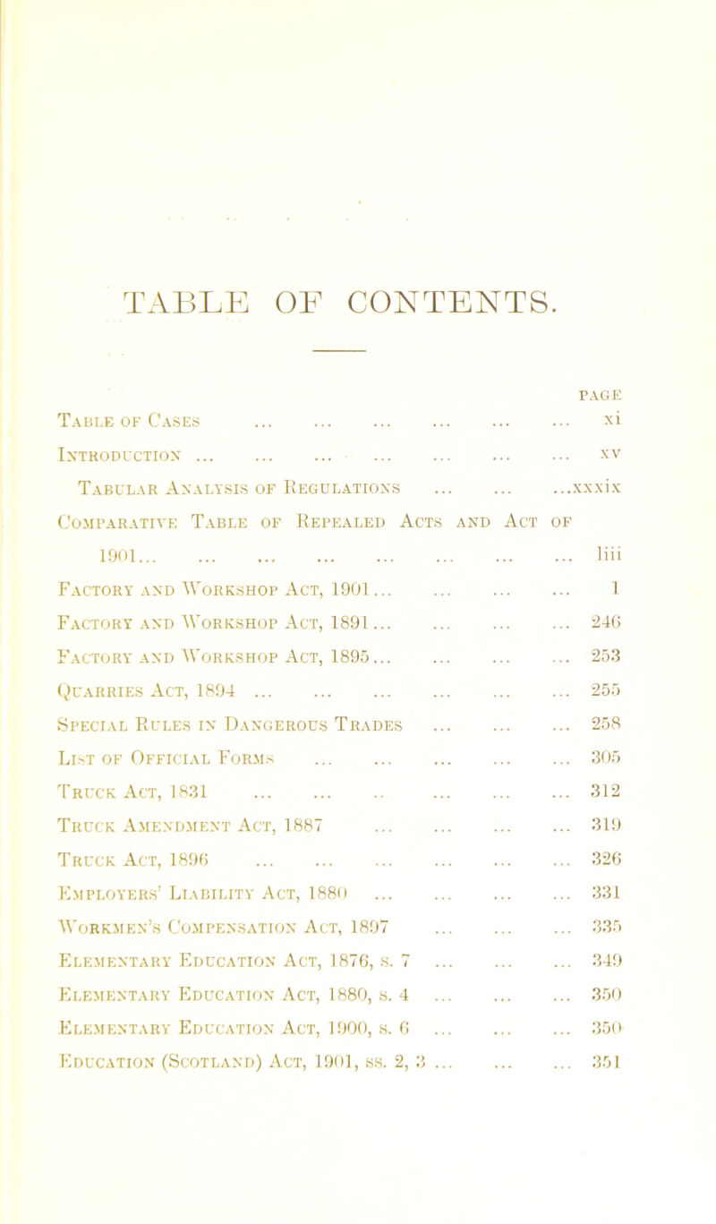 TABLE OF CONTENTS. PAGE Table of Cases xi IA’TKODUCTIOX ... ... ... ... ... ... ... XV Tabllar Analysis of Kegul.ations xx.xi.N Comparative Table of Repealed Acts and Act of lOm liii Factory and Workshop Act, 1901 1 Factory and Workshop Act, 1891 24G Factory and Workshop Act, 1895 25.3 Qcarrie.s Act, 1894 255 Special Rules in Dangerous Trades 258 List of Official Forms 305 Truck Act, 1831 312 Truck Amendment Act, 1887 319 Truck Act, 1896 326 Employers’ Liability Act, 1880 331 Workmen’s Compensation Act, 1897 .335 Kle.mentary Education Act, 1876, s. 7 349 Elementary Education Act, 1880, s. 4 350 Elementary Education Act, 1900, s. 6 350 Education (Scotland) Act, 1901, ss. 2, 3 351